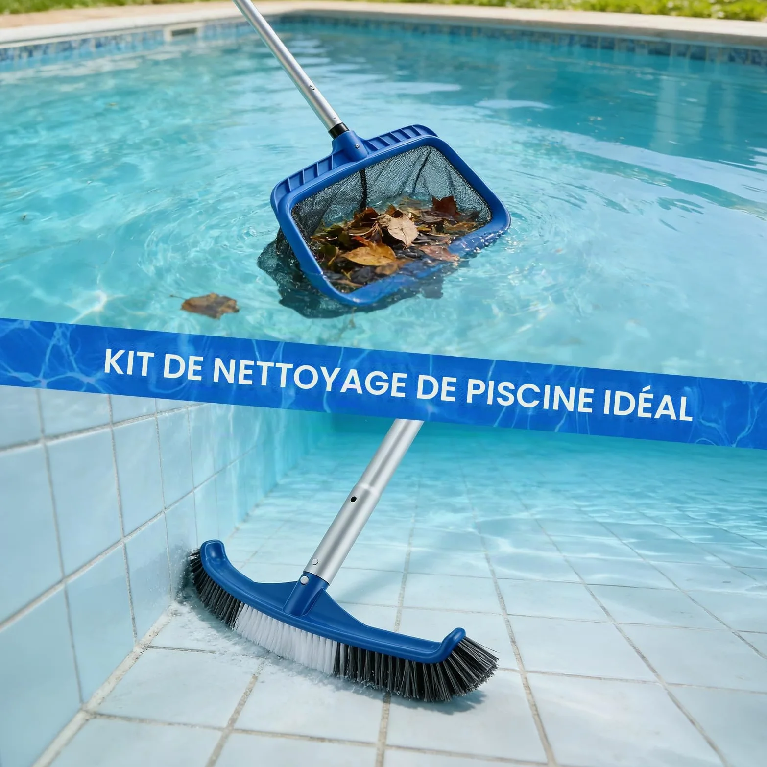 Kit de Nettoyage pour Piscine - Épuisette Piscine à Mailles Extra Fines et Brosse Piscine 45cm avec Manche 4 Sections pour Skimmer, Ramassage Feuilles - Accessoire Piscine Hors Sol