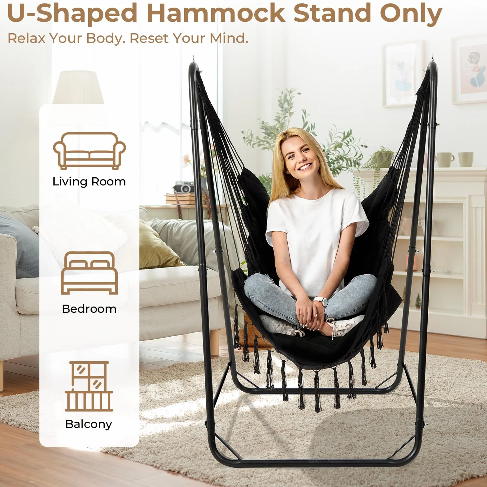 Support de Chaise Suspendue en U pour Hamacs, Acier Robuste, Capacité 100 kg, Noir