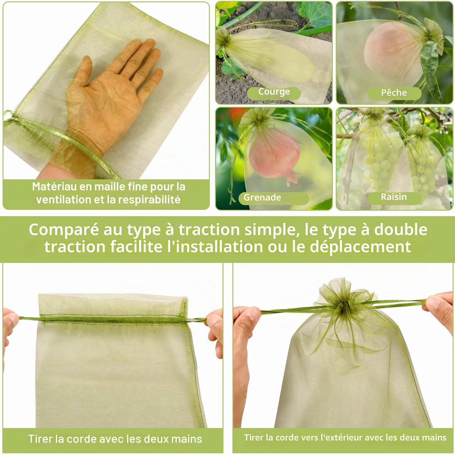 Sacs de protection pour raisins avec cordon de serrage 100 pièces - Réutilisables et respirants pour fruits (23 x 17 cm)
