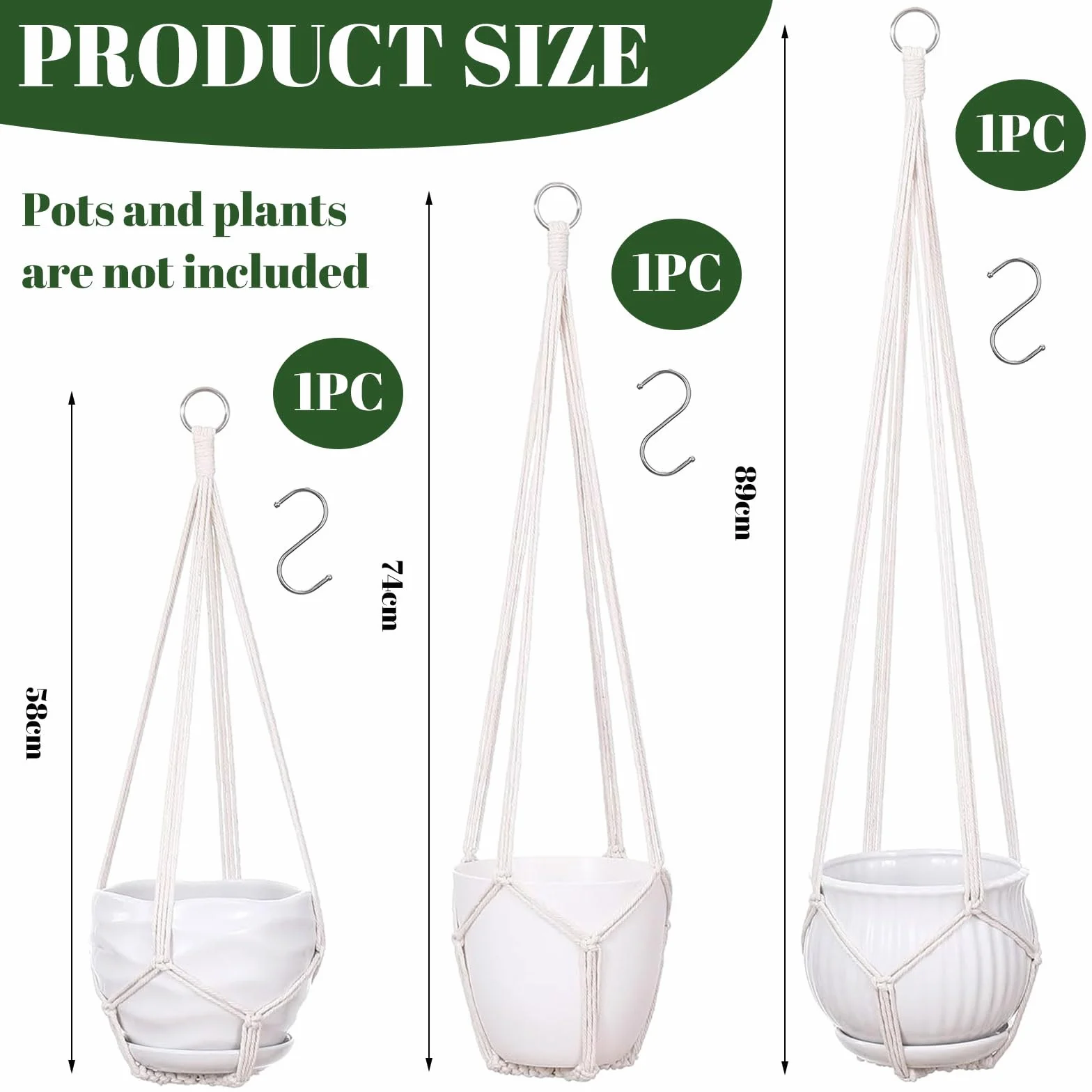 Suspensions pour Plantes en Macramé Lot de 3, Crochets Inclus, Support Intérieur Extérieur, Style Boho, Ivoire