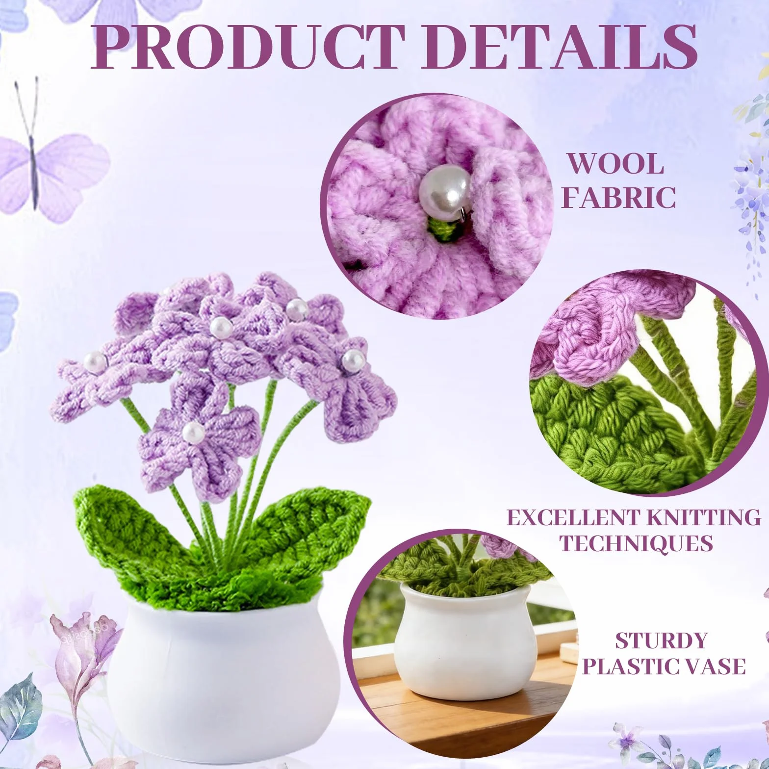 Fleur Crochet Tricotées Peluche Faites à Main Petites Plantes Pot pour Maison Bureau (Violet)