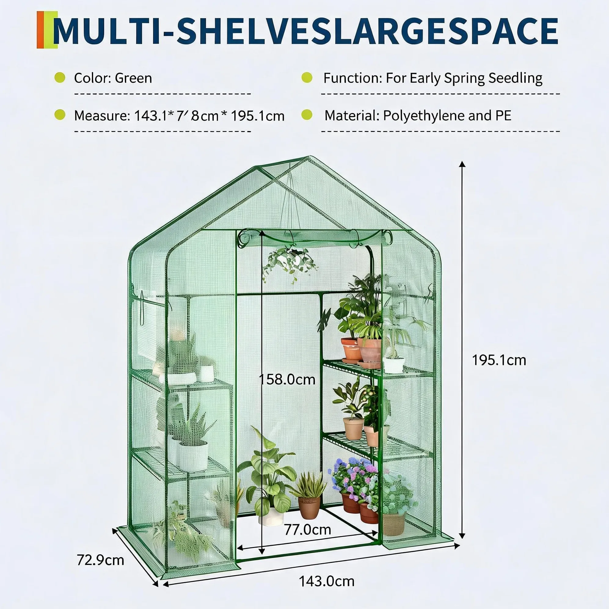 Garvee Serre de jardin à abri Walk-in, 143 x 73 x 195 cm, serre pour plantes avec couverture en polyéthylène 140 g, imperméable et structure en acier, 4 étagères amovibles, 1 porte et 2 fenêtres, vert