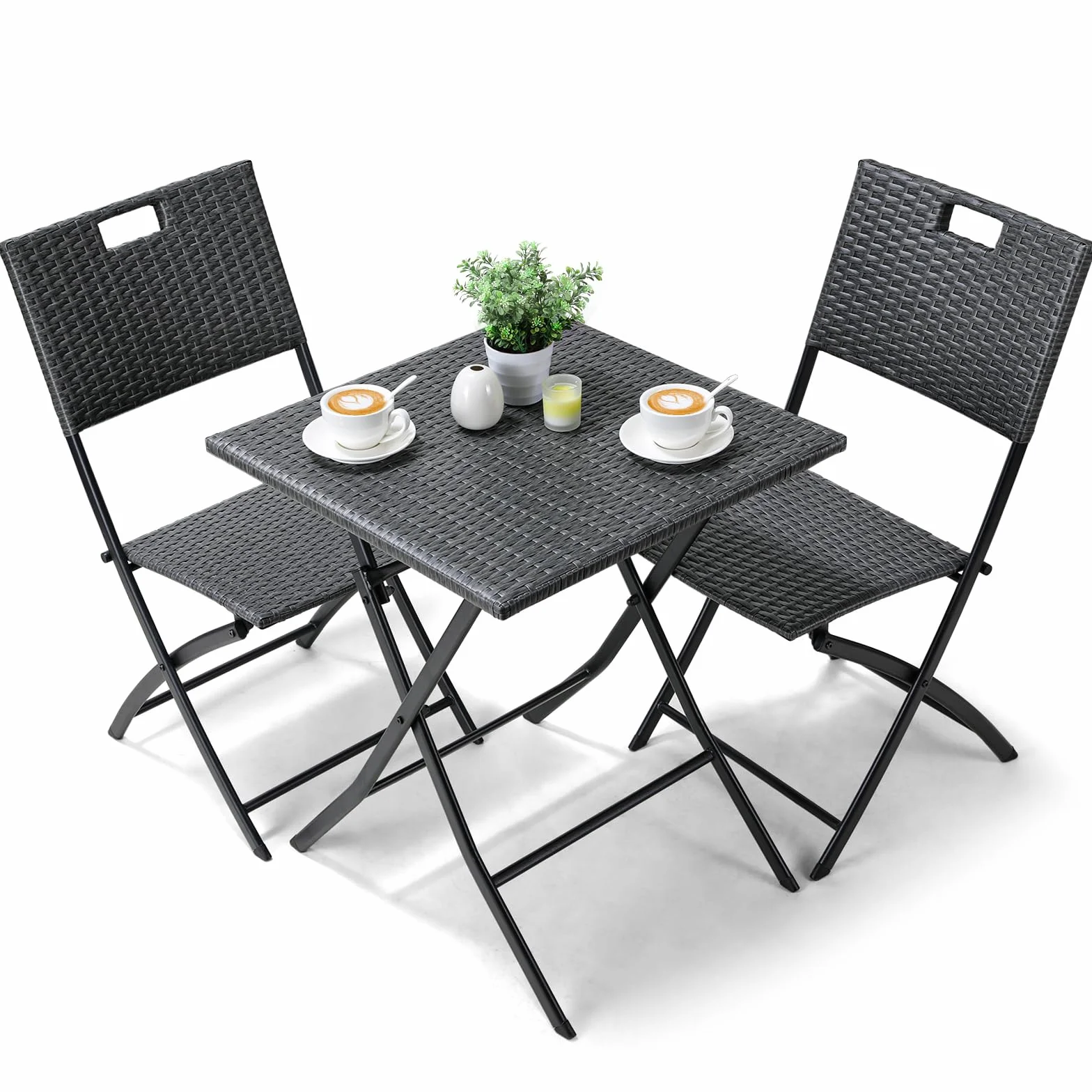 Ensemble de Meubles de Balcon 3 pièces Pliable en Rotin Gris, 2 Chaises et 1 Table, pour Terrasse et Jardin