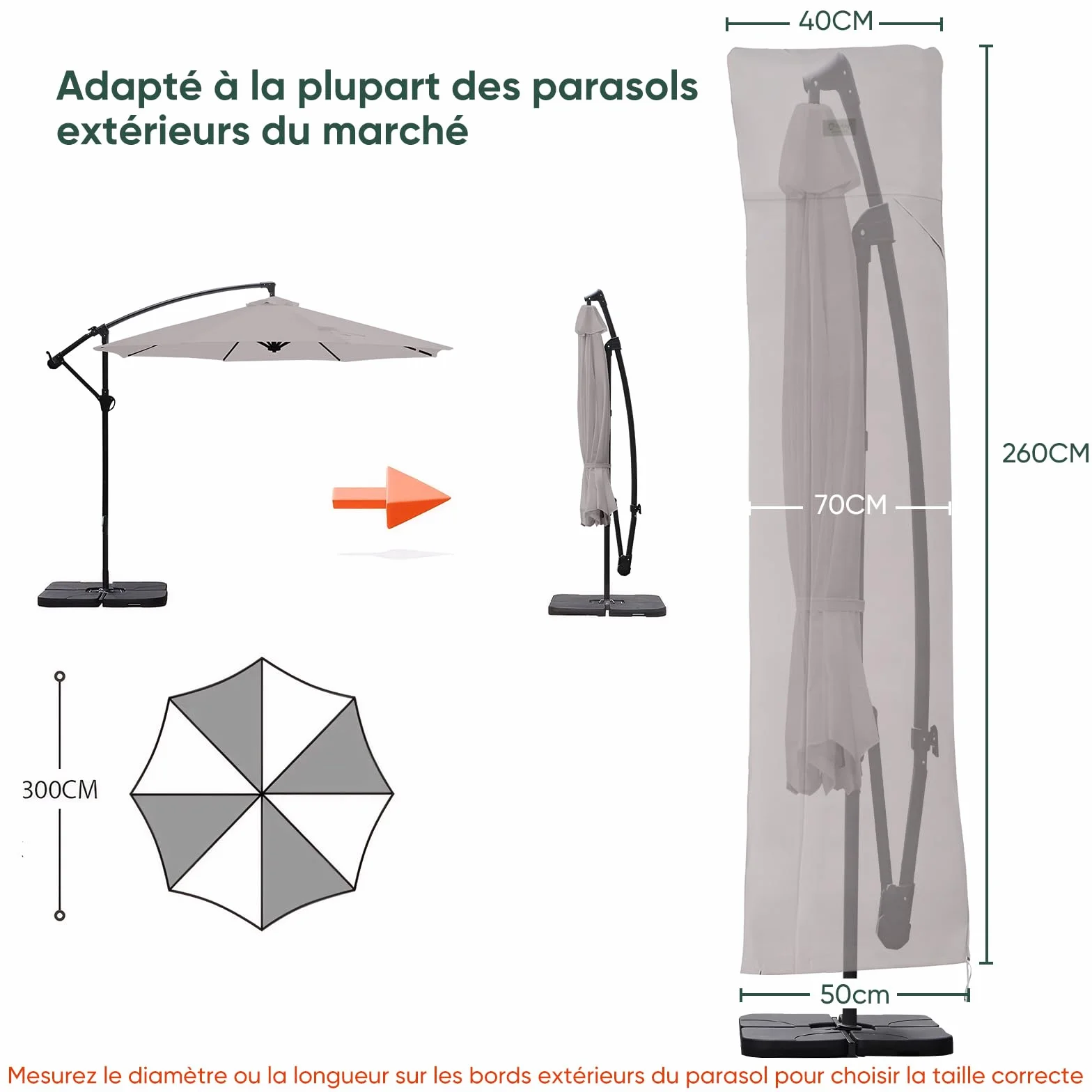 Sekey Housse de Protection Parasol Déporté 260x65cm Tissu Oxford 600D Imperméable Anti-UV