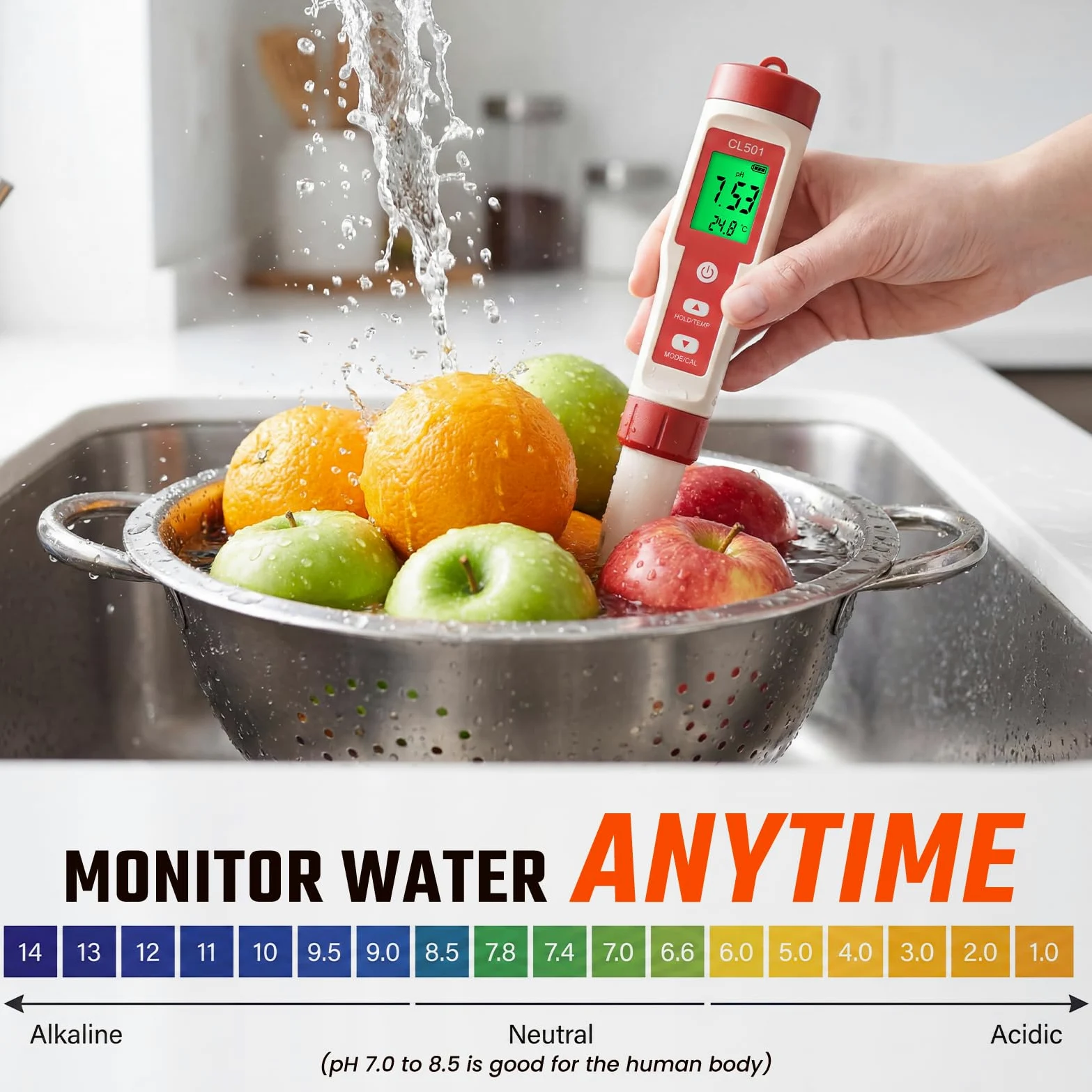 Testeur de Chlore Piscine Portatif Testeur de Qualité d'eau 5 en 1 Numérique Testeur de pH/Cl₂/ORP/H₂/Thermomètre Meter avec Bandelettes de Test pH et Display Backlit pour Spas Aquariums Hydroponique