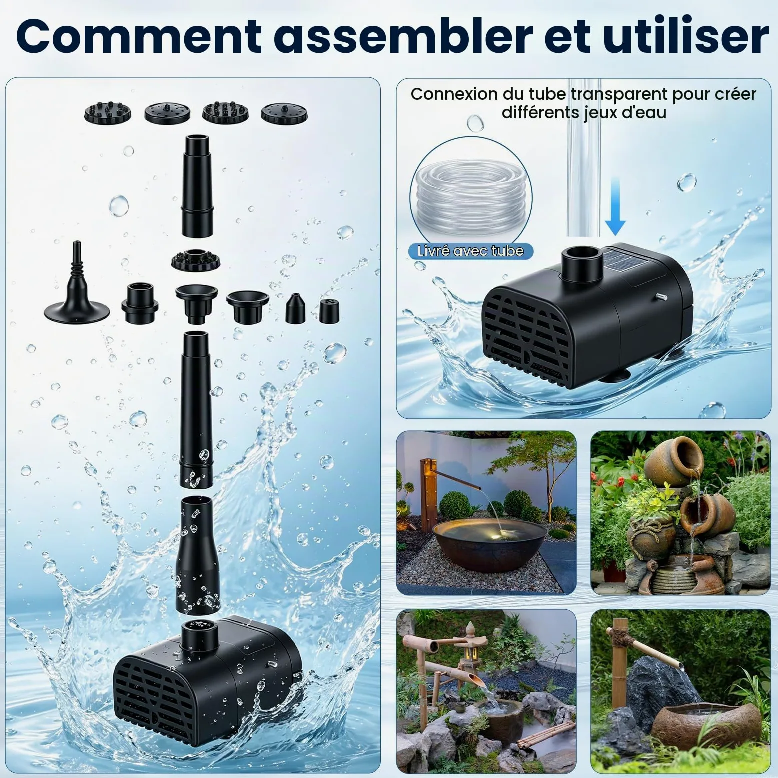 Pompe Solaire Bassin Exterieur 8W,avec 8 Buses,Effet Double Couche | avec Batterie 3600 Mah,Protection Contre Surchauffe,Pompe Solaire pour Bassin,Bain d'oiseaux,Jeu d'eau De Jardin