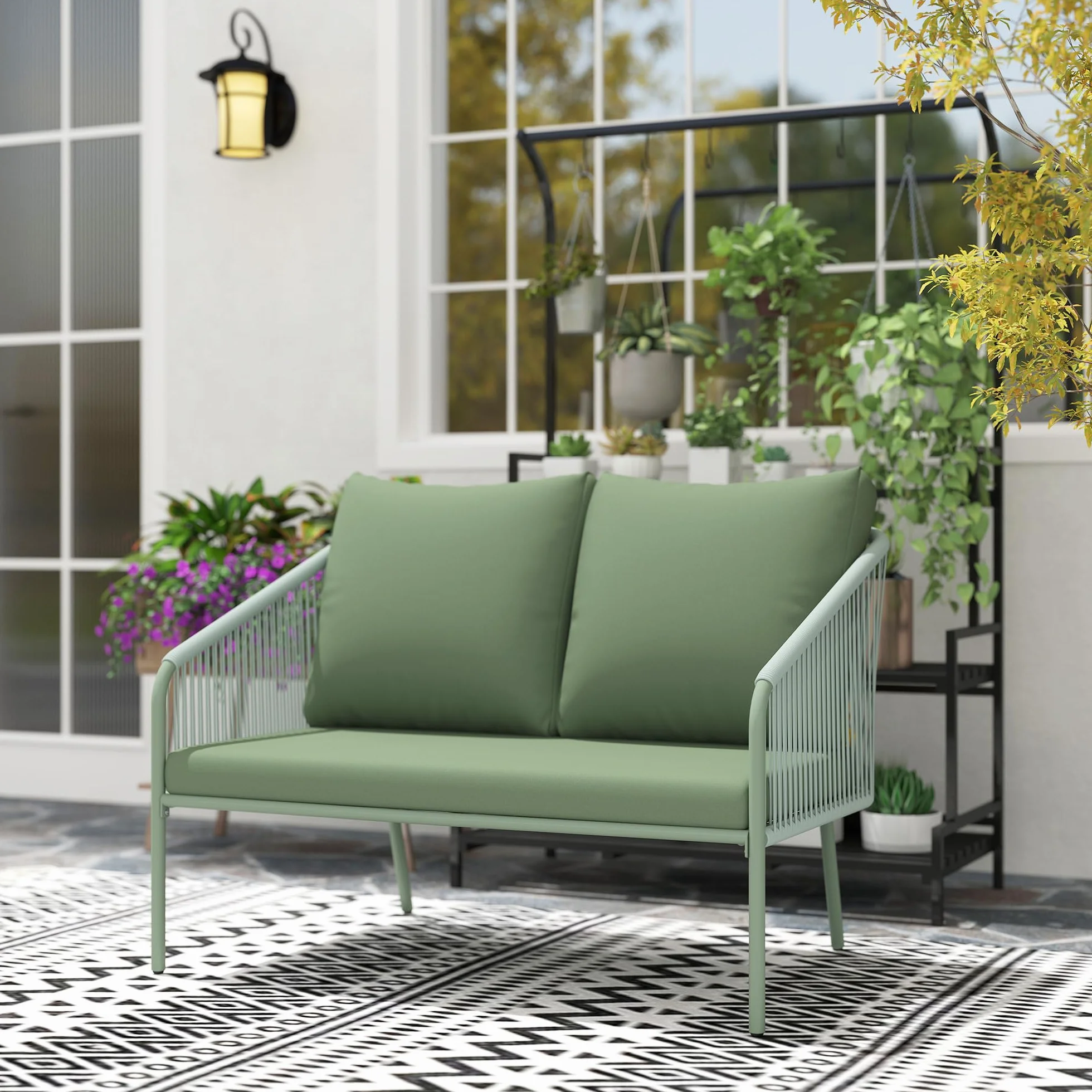 Outsunny Canapé de Jardin 2 Places Résine Tressée Coussins Accoudoirs Cadre Acier Vert