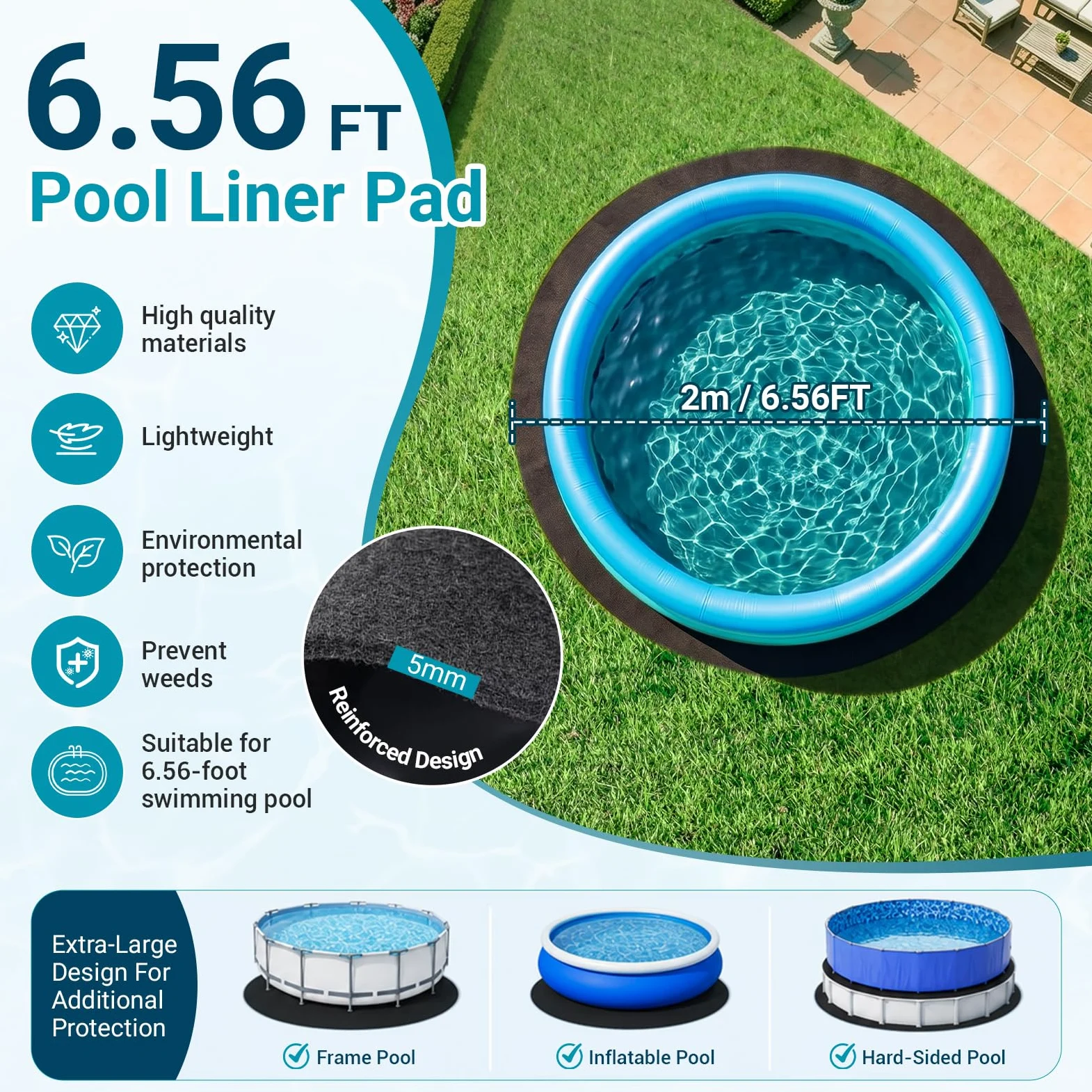 Tapis Piscine Hors Sol Rond 200cm, Tapis de Sol Piscine, Antidérapant, et Résistant aux Déchirures, Adapté aux Piscines Extérieures et aux Baignoires, Prolongeant La Durée de Vie de La Piscine