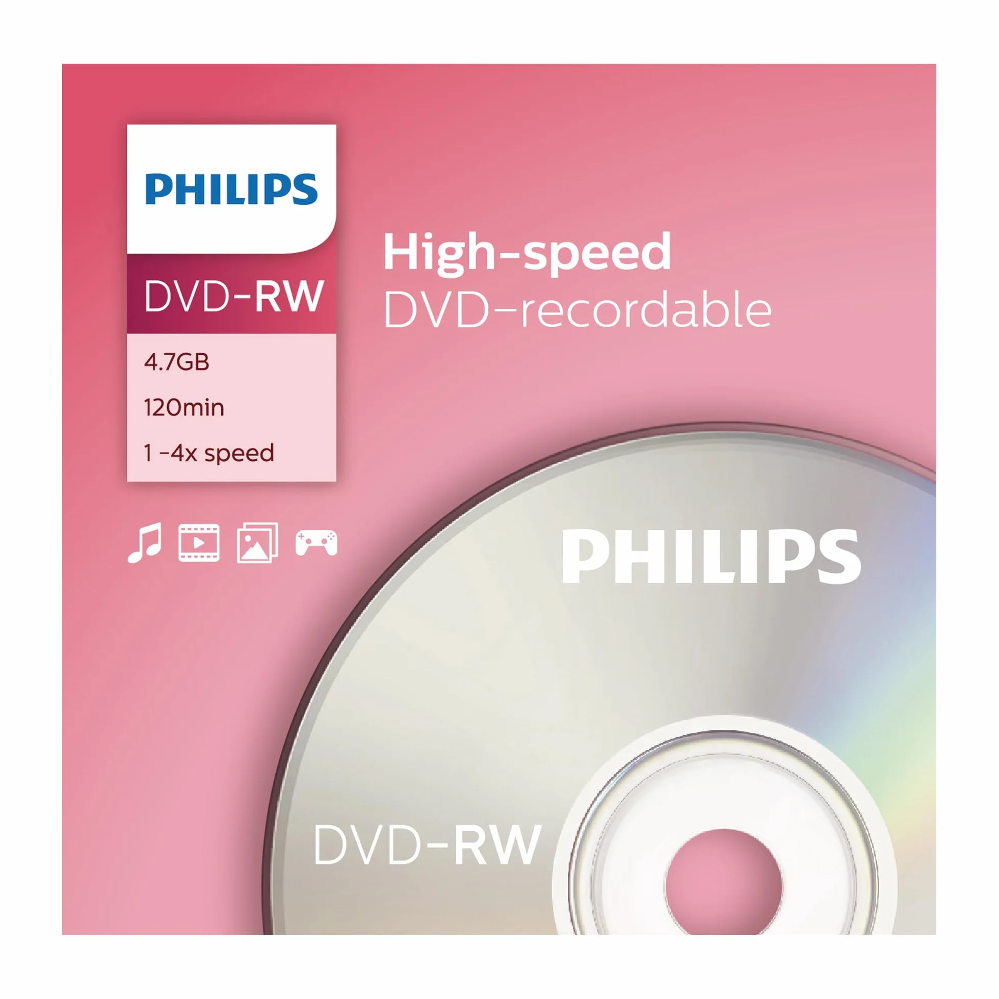 Philips DVD-RW High-Speed 4,7 Go 120 Min 1-4x Jewel Case 5 pièces réinscriptible
