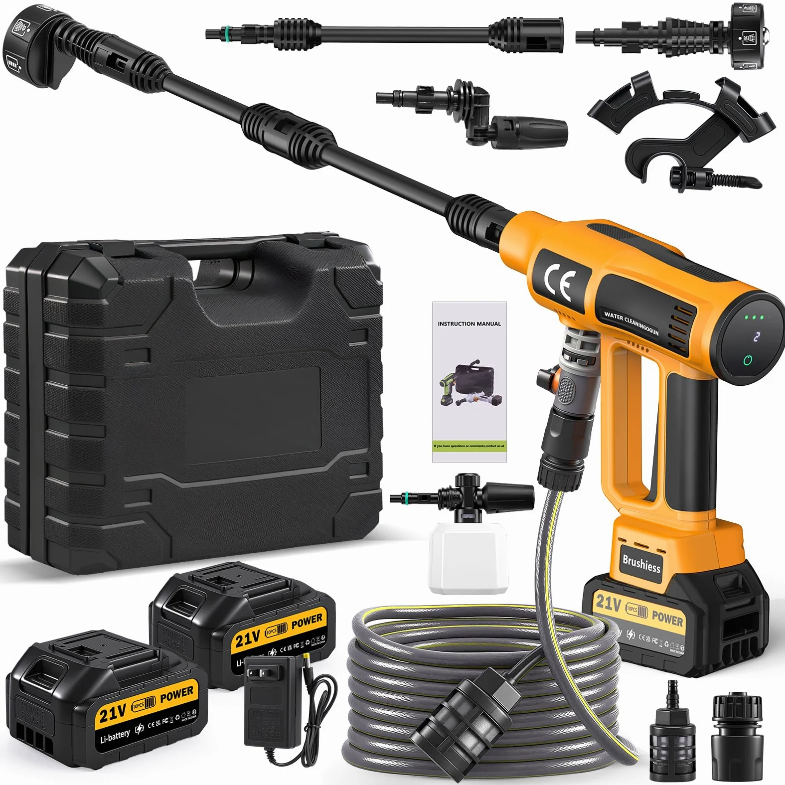 Nettoyeur Haute Pression sans Fil 200 Bar Pressure Washer | 21V Pistolet Portable avec 2*4Ah Batteries, 4 débit d'eau réglable,6 en 1 Buse Réglable,5m Tuyau,Mousse, pour Voitures Sol Terrasse