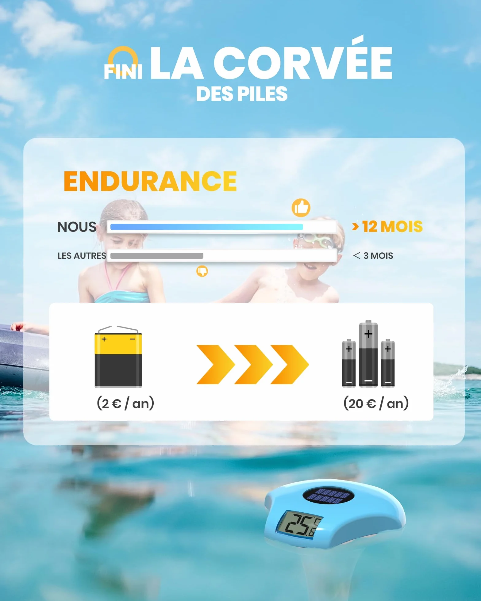 Baldr Solaire Thermomètre Piscine Flottant, Grand Écran LCD Numérique, IPX8, Étanche
