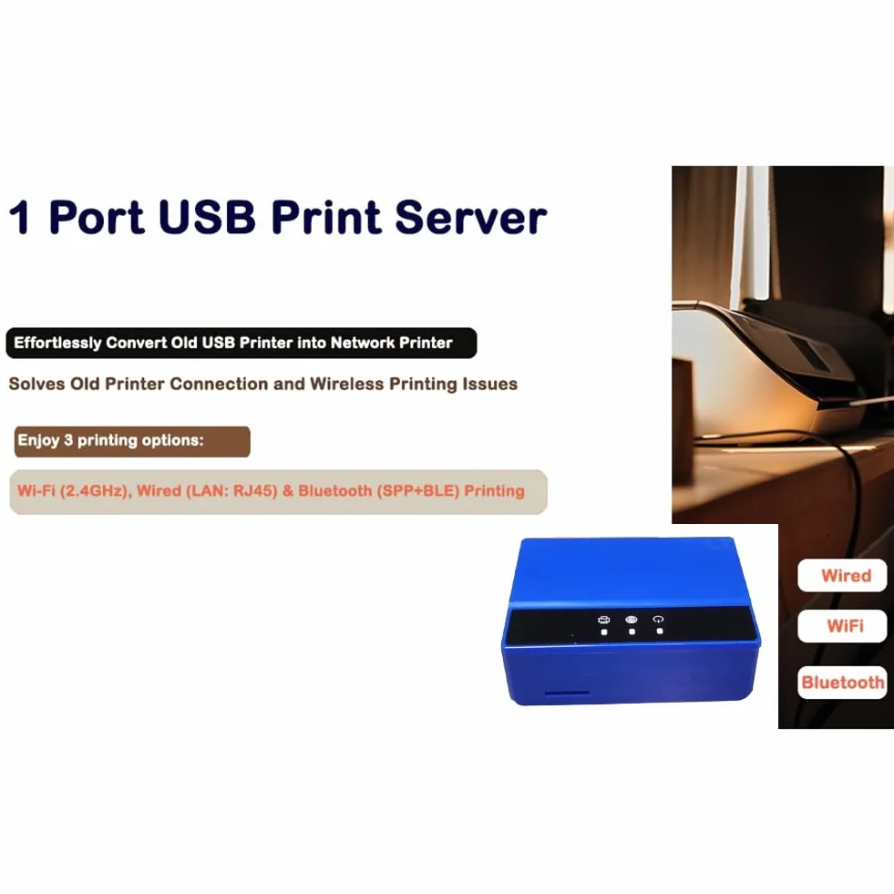 Serveur d'impression Bluetooth Ethernet WiFi, Transformez Votre Imprimante USB en Imprimante sans Fil UE