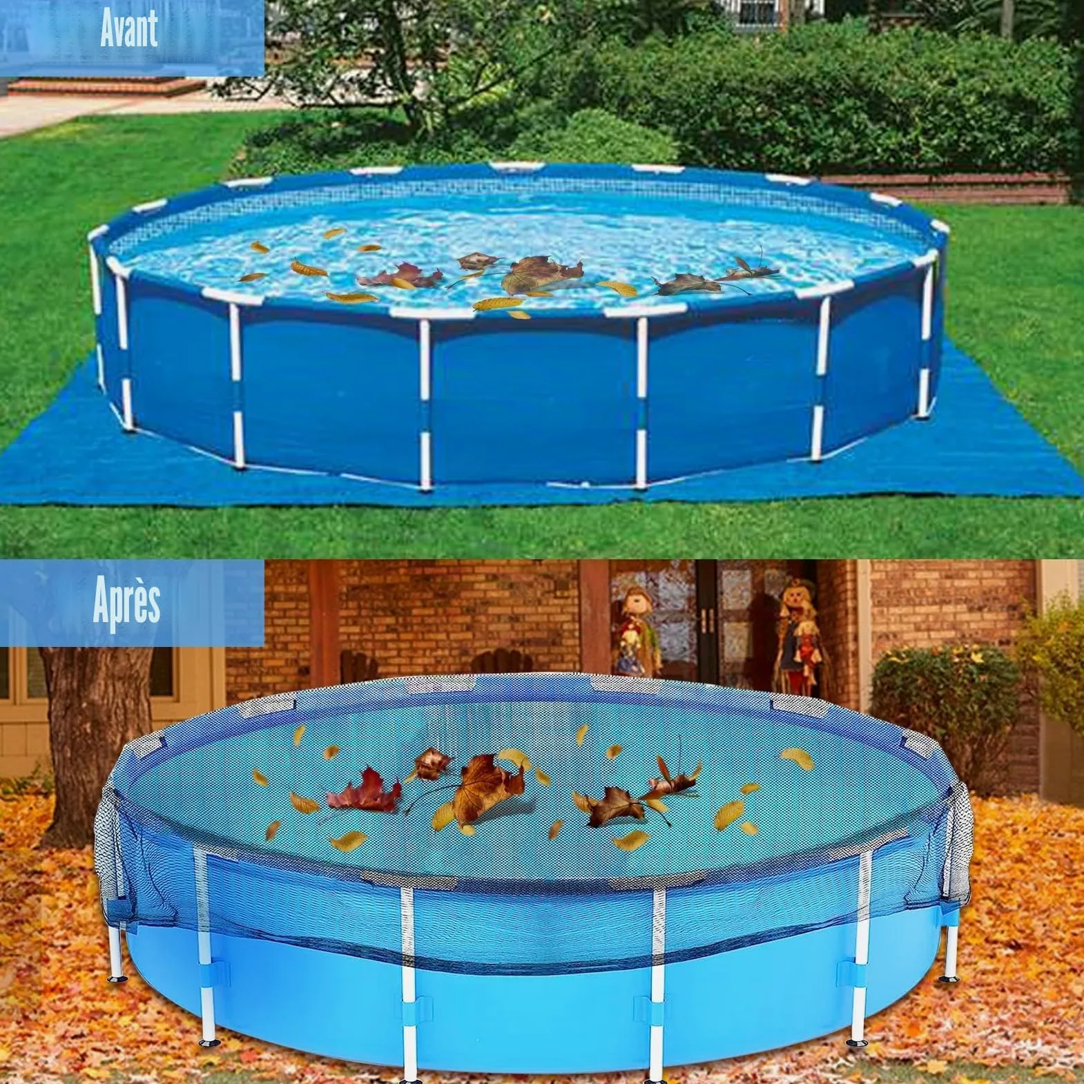 Bâche de piscine ronde 6x6 m, filet pour piscines Ø550 cm, filet à mailles fines (12x12 mm) avec 12 pinces en métal