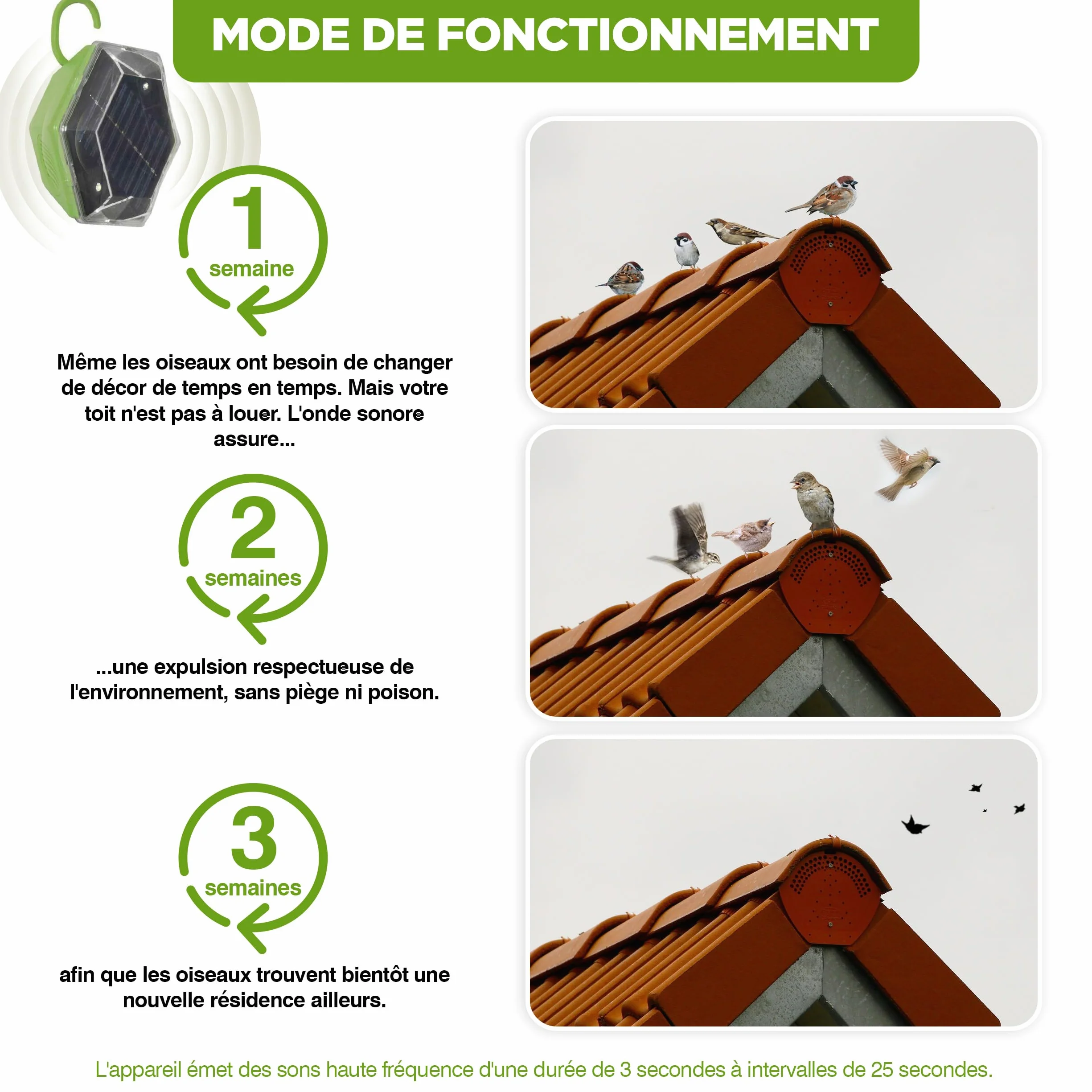 ISOTRONIC Répulsif Solaire Flash et ultrasons – Éloigne Pigeons et Oiseaux – Portée 150 m² – 1 unité