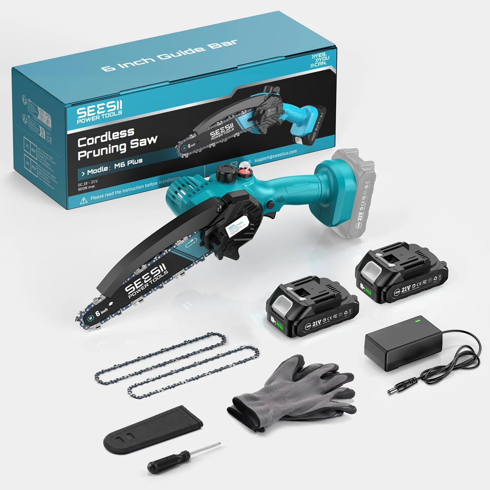SEESII Mini Tronçonneuse à Batterie 6 Pouces avec Injecteur de Lubrifiant | Tronçonneuse Électrique sans Fil avec 2x2.0Ah Batteries, Mini Scie à Chaîne Électrique Rechargeable avec 2 Chaînes