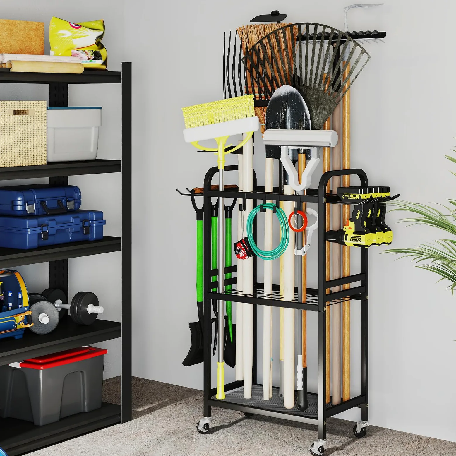 Hadulcet Organiseur d'outils de jardin, organisation et rangement de garage en métal avec roues verrouillables, porte-outils de jardin avec crochets de rangement, organiseur d'outils de cour robuste