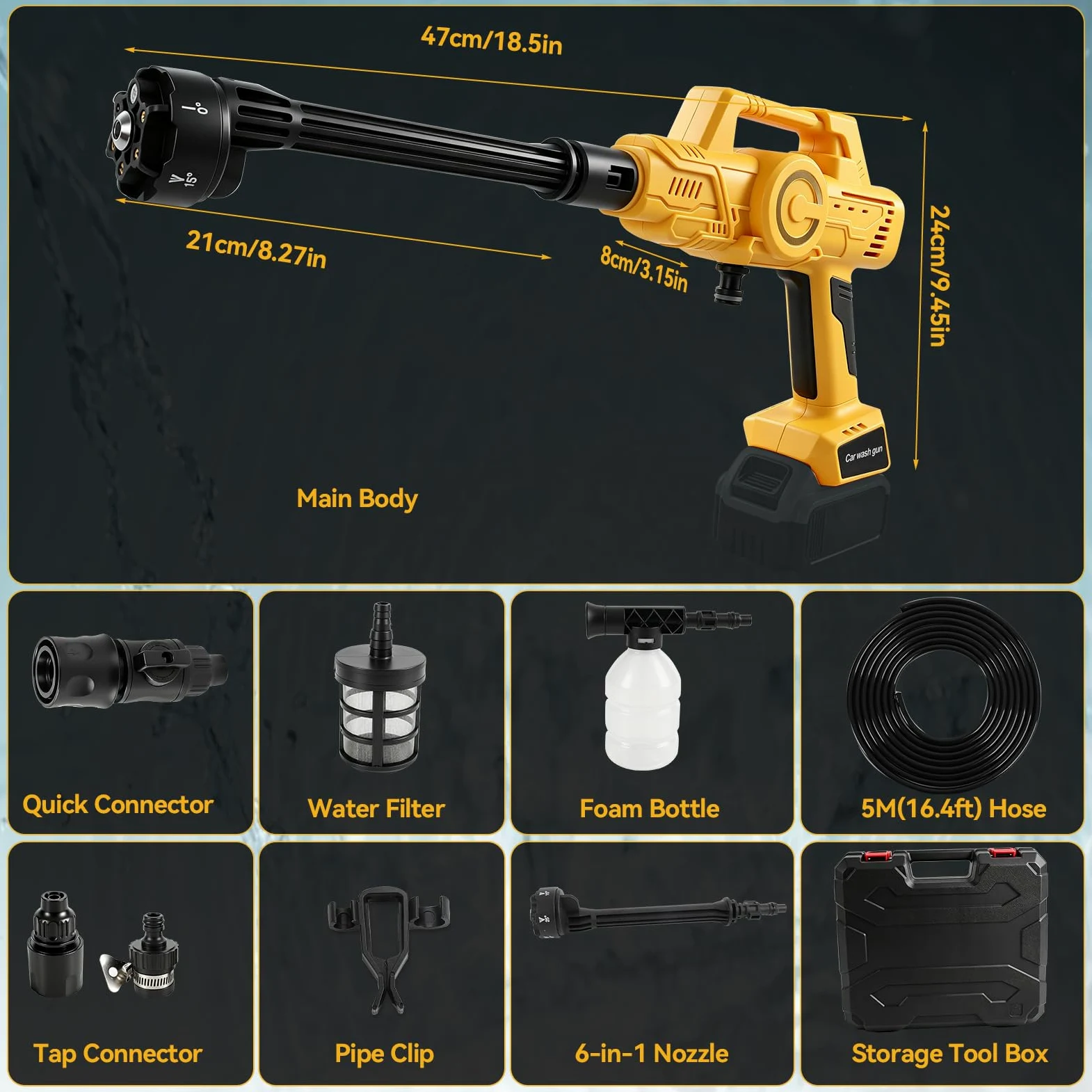 Nettoyeur haute pression sans fil compatible avec Dewalt 18/20 V, 21 000 tr/min, 69 bar, nettoyeur haute pression portable avec buse 6 en 1 pour nettoyer les sols, clôtures et murs de voiture, jaune