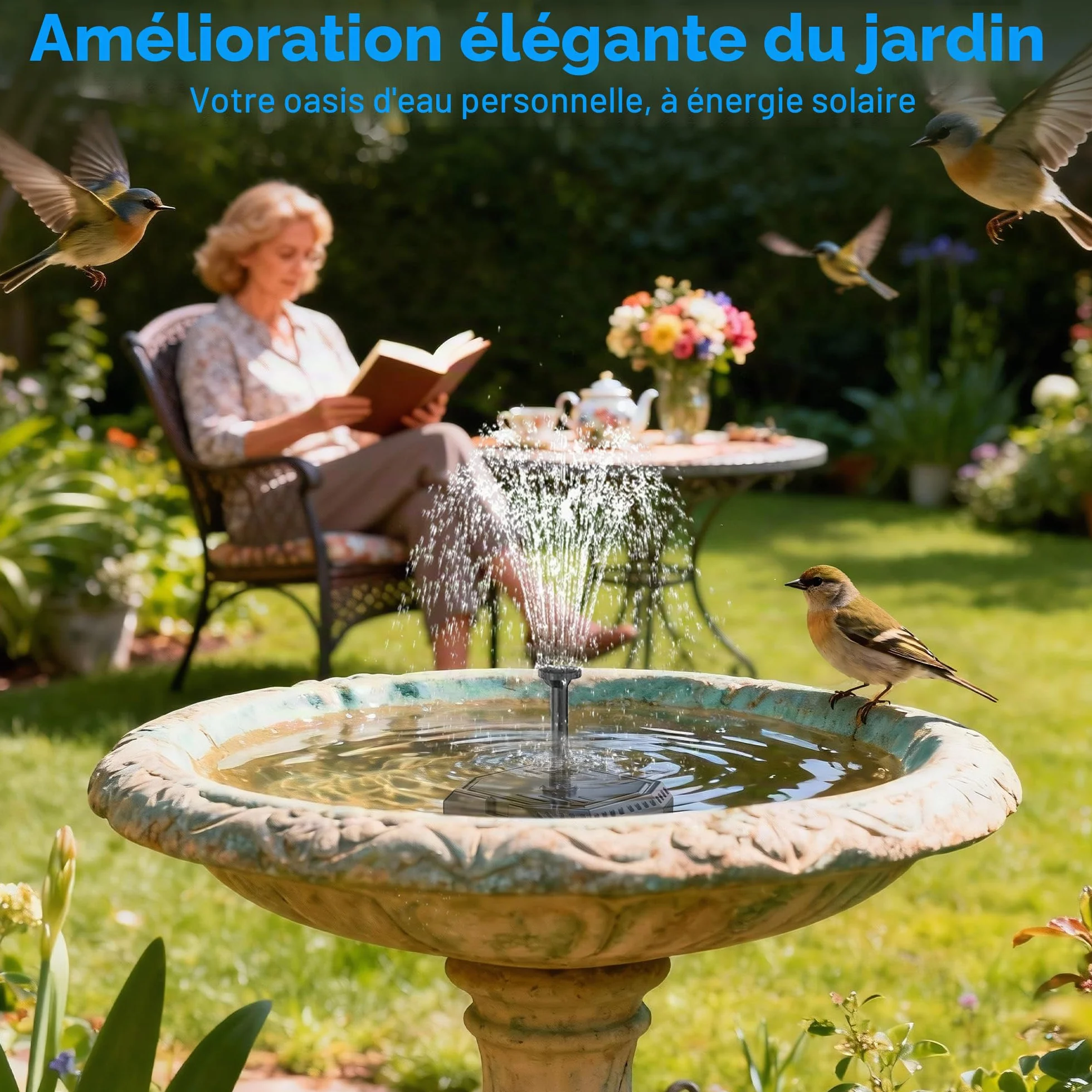 Biling Pompe à Eau Solaire 6W avec Batterie et 10 Buses pour Petit Étang jusqu'à 500L, Fontaine Solaire Extérieure