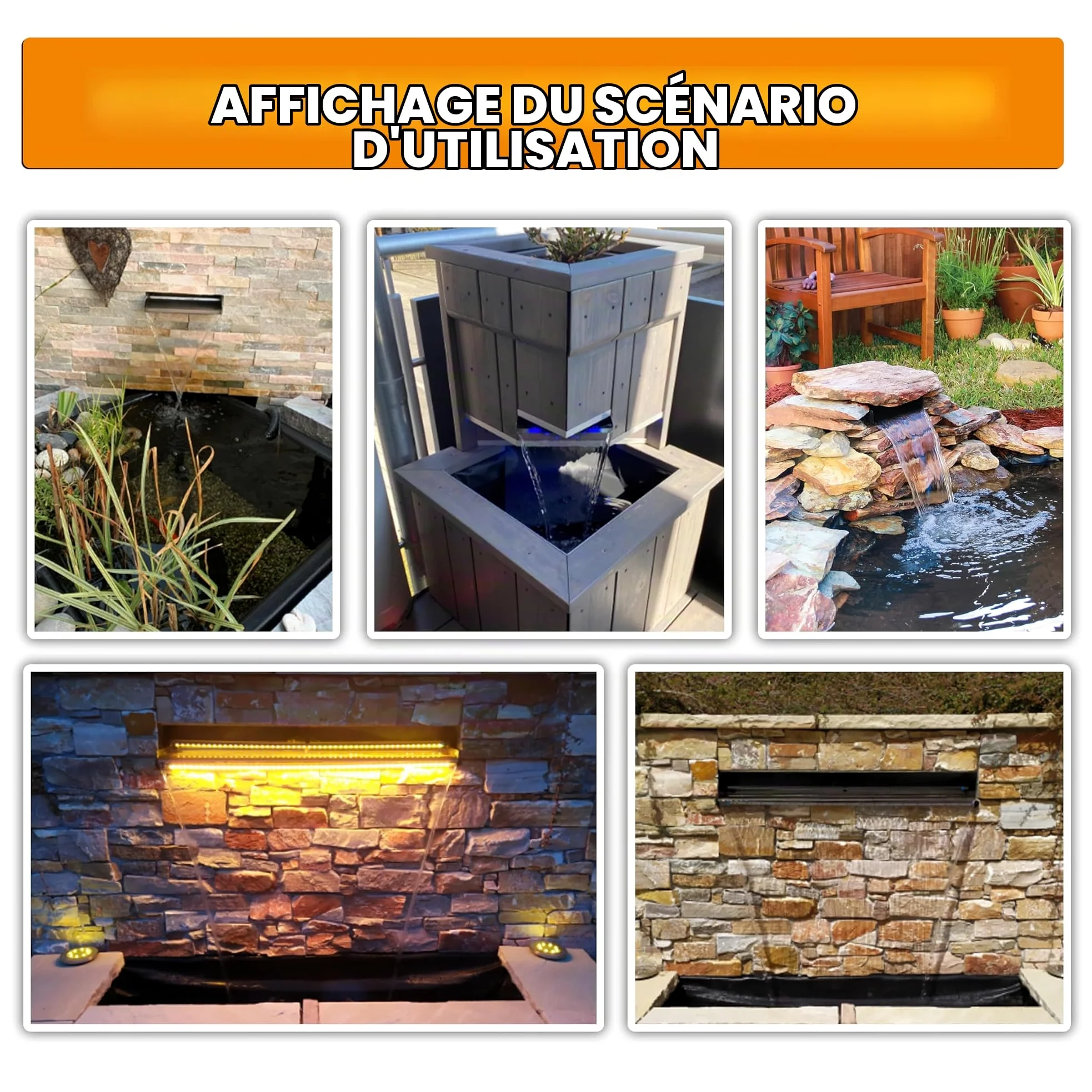 Fontaine De Piscine, Cascade Bassin Exterieur en Acier Inoxydable 60cm De Long, Déversoir De Sortie Incurvé De Largeur 18 cm avec Accessoires pour La Décoration D'étang, Patio,Jardin