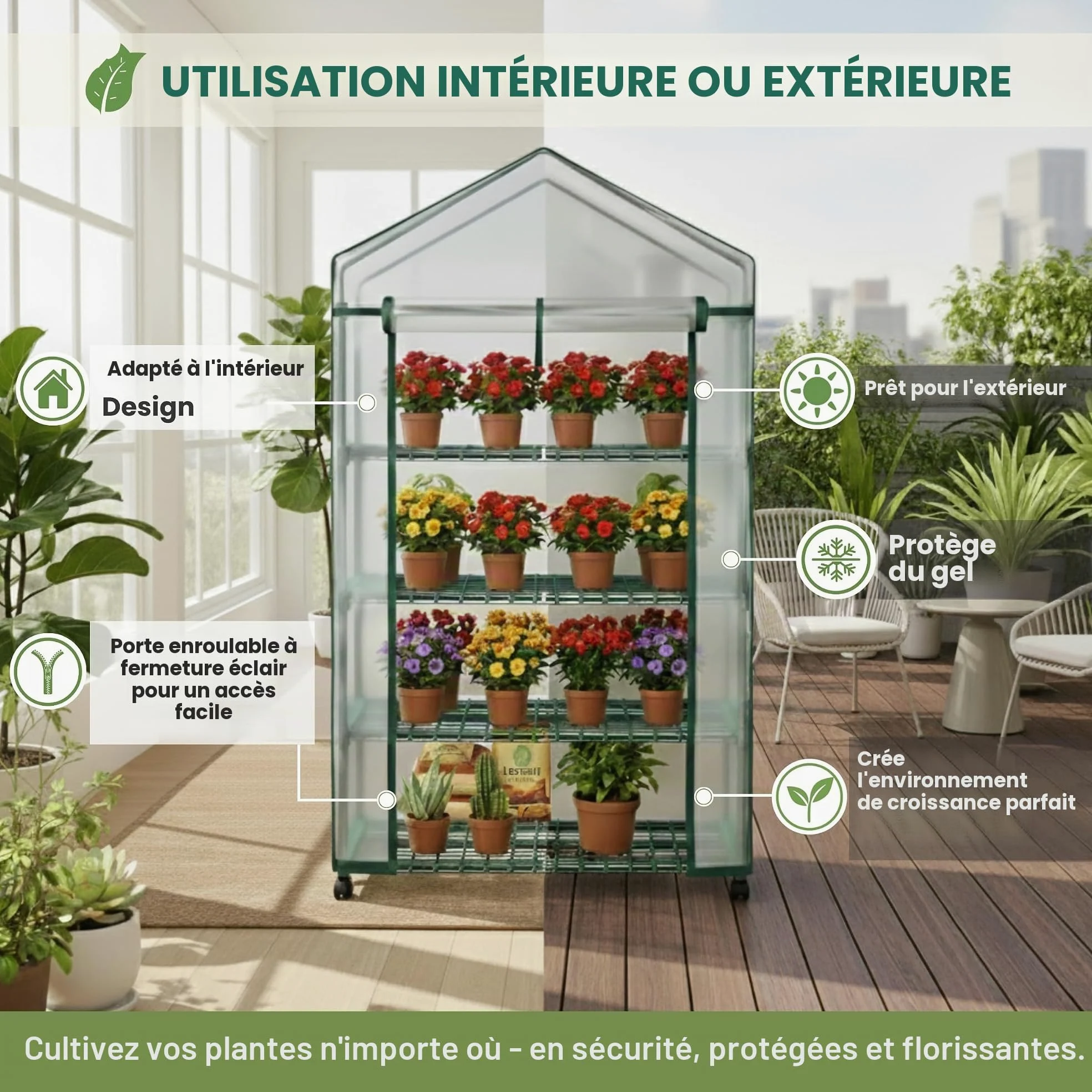 Home-Complete Mini Serre Portable à 4 Niveaux avec Roues verrouillables et Housse en PVC pour intérieur ou extérieur - 68,6 x 48,3 x 160 cm