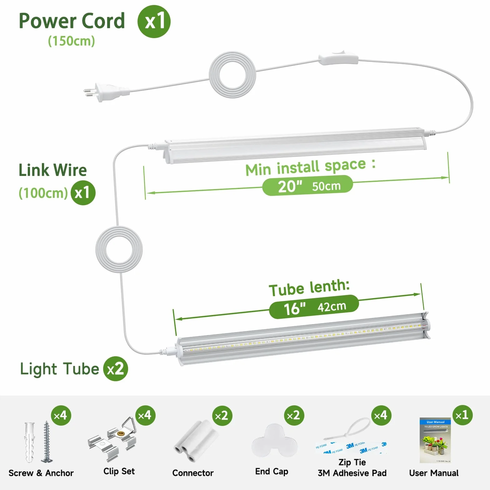 Lampes T5 pour plantes d'intérieur 42cm pack de 2 10W LED plein-spectre avec réflecteurs