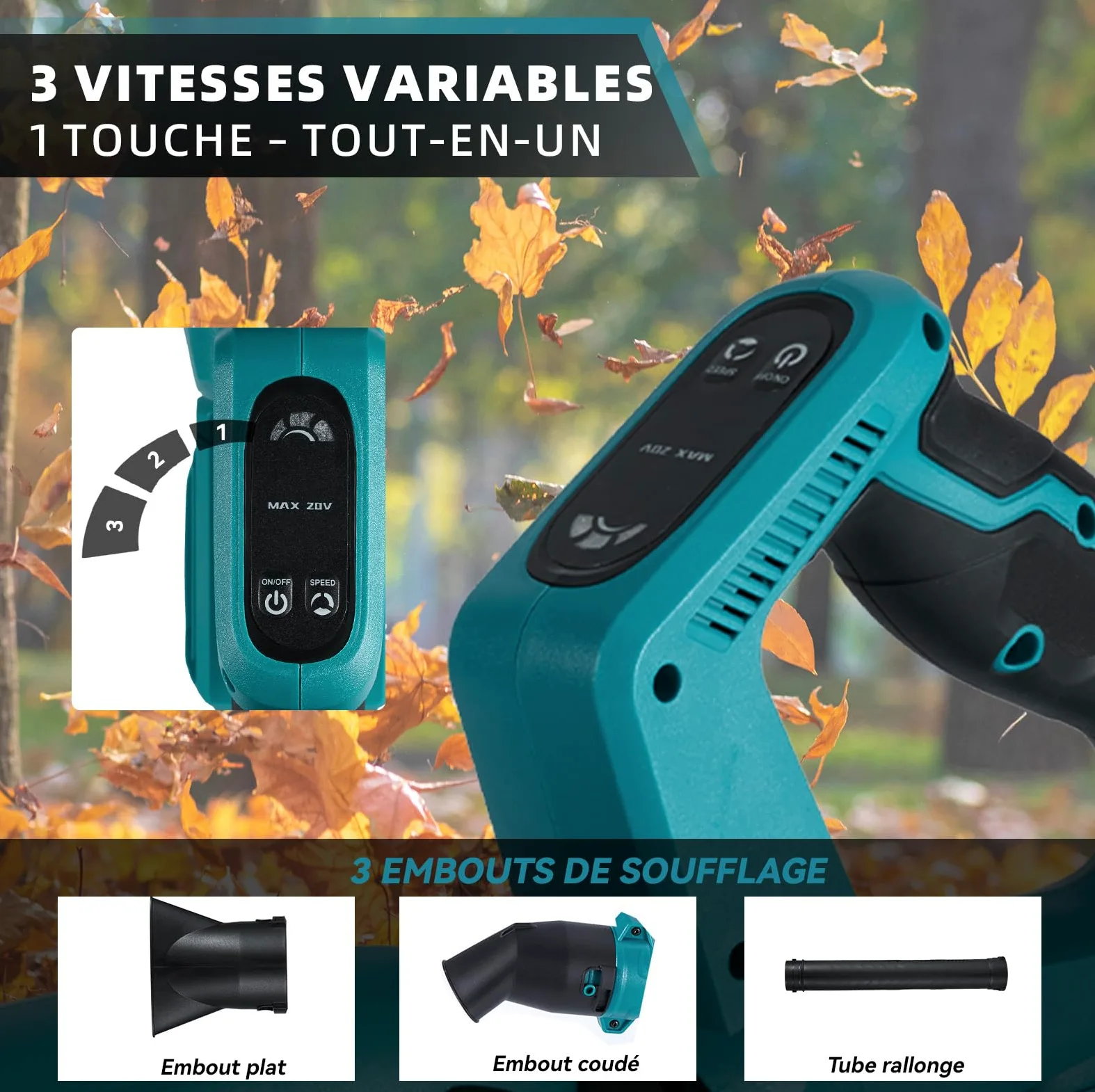 YOFIDRA Souffleur de Feuilles sans Fil avec Batterie 280 km/h, 3 Vitesses | 13 000 TR/Min Souffleur,avec 2 Batteries 3,0 Ah, Poignée Réglable à 270°, Double Entrée d’Air, pour Cour, Pelouse, Jardin