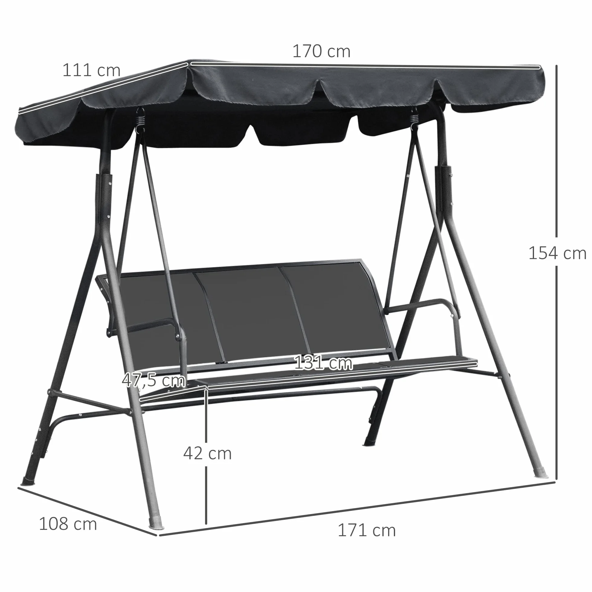 Outsunny Balancelle de Jardin 3 Places Toit imperméabilisé Acier Gris