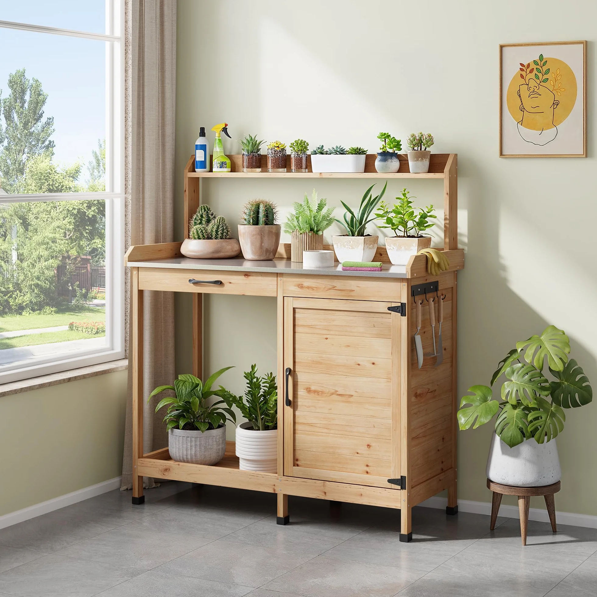 Table de Jardinage Bealife pour Plantes avec Banc, 111,6 x 46,5 x 125 cm, Naturel
