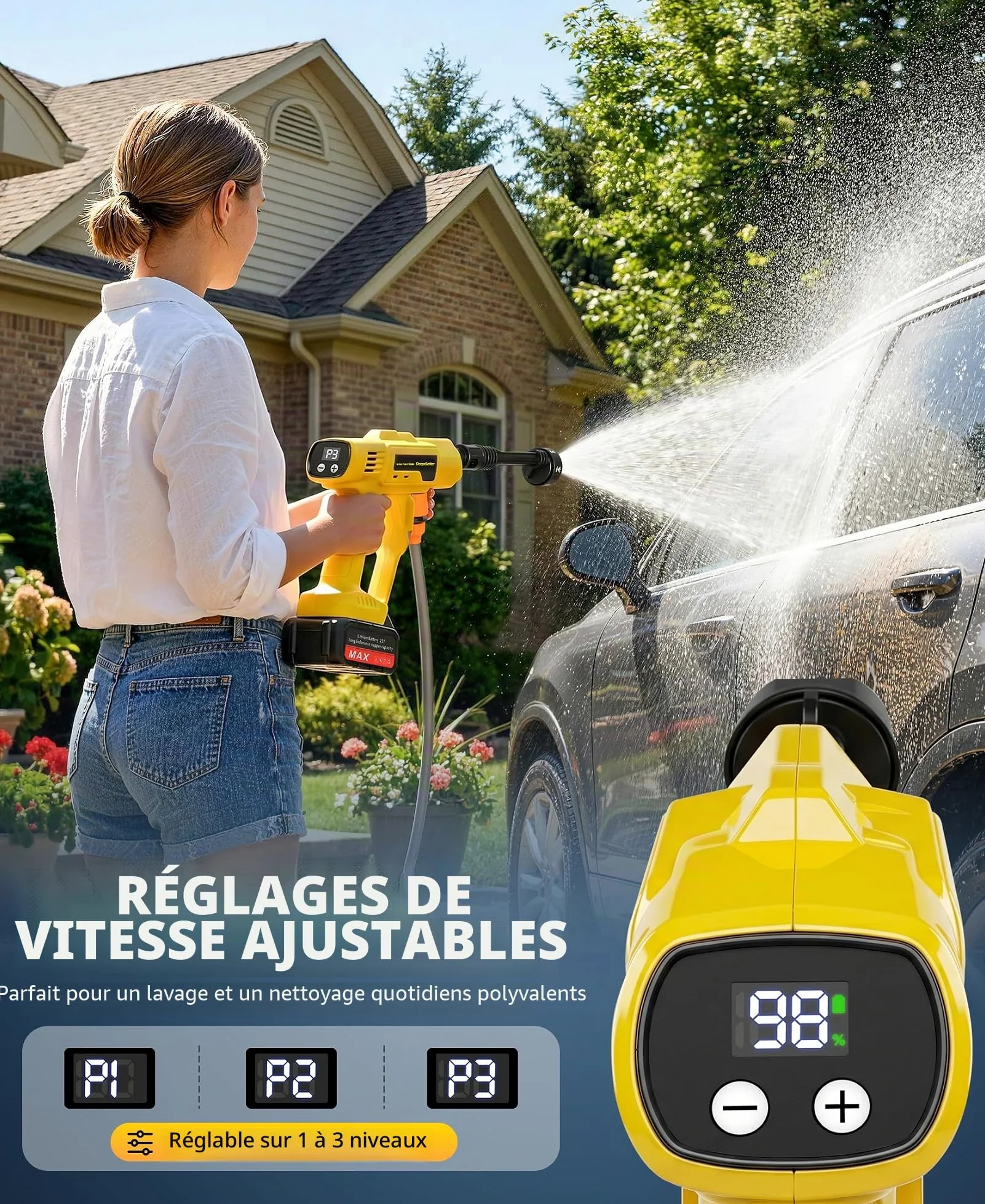 Nettoyeur Haute Pression sans Fil sur Batterie Rechargeable, 600PSI | Nettoyeur Haute Pression avec Buse Réglable 6-en-1, Pistolet Hautes Pressions sans Fil à 3 Vitesses réglables - Jaune