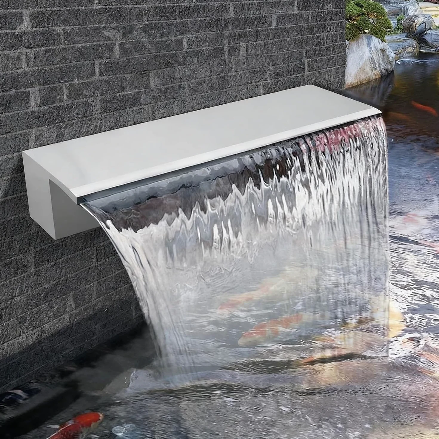 Filtre de bassin extérieur et cascade, dispositif de trop-plein rectangulaire de 183 cm avec sortie d'eau argentée – Idéal pour la décoration de fontaine de jardin