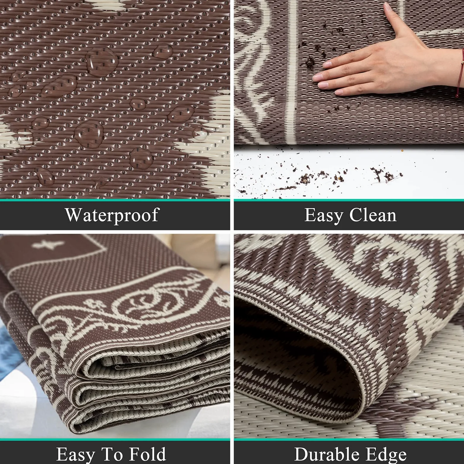 Pauwer Grand tapis de sol réversible en plastique imperméable de 2,7 x 3,6 m, pour extérieur, camping-car, jardin, terrasse, jardin, terrasse, pique-nique, plage, remorque, camping - Marron
