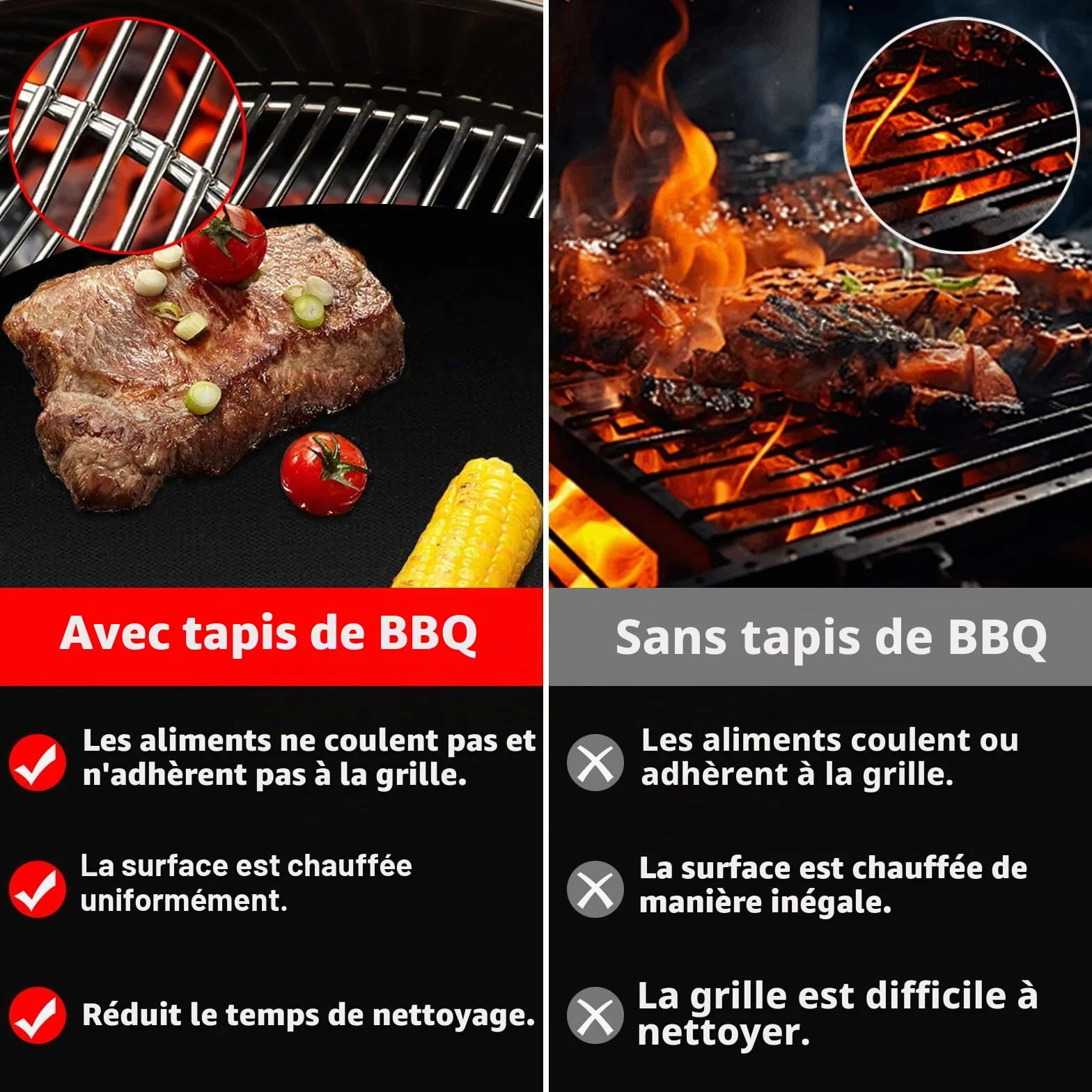Lot de 5 Tapis Barbecue 60x40cm Anti-adhérent Téflon Réutilisable avec Brosse et Clip