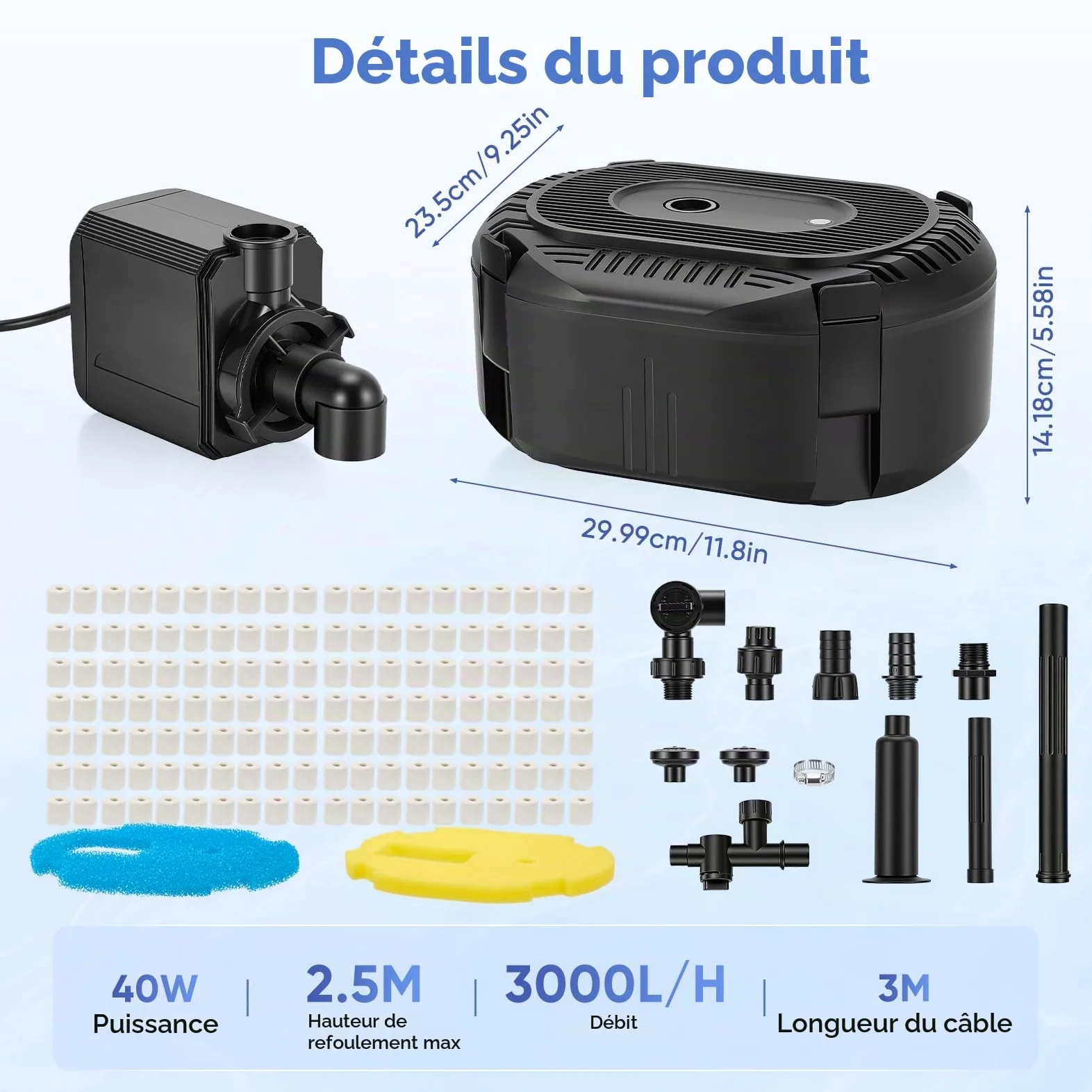 Pompe de bassin avec filtre 3000 l/h - Kit complet de filtre de bassin avec pompe 40 W, 3 buses à ressort (cloche/volcan/marguerites), filtration à plusieurs niveaux pour eau claire - Pompe