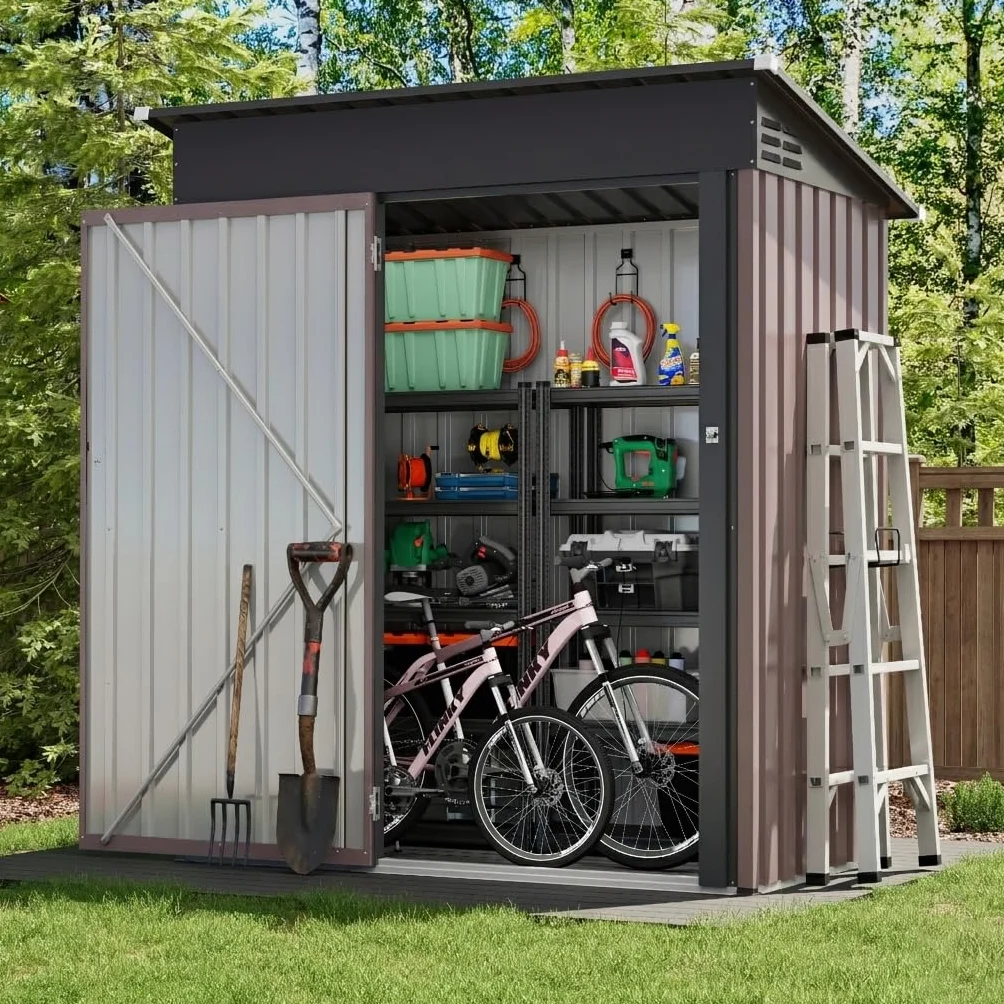 UDPATIO Abri de Jardin Métal 164x101x181 cm Cabane Extérieur Toit Incliné Serrure Rangement Outils Vélo Marron