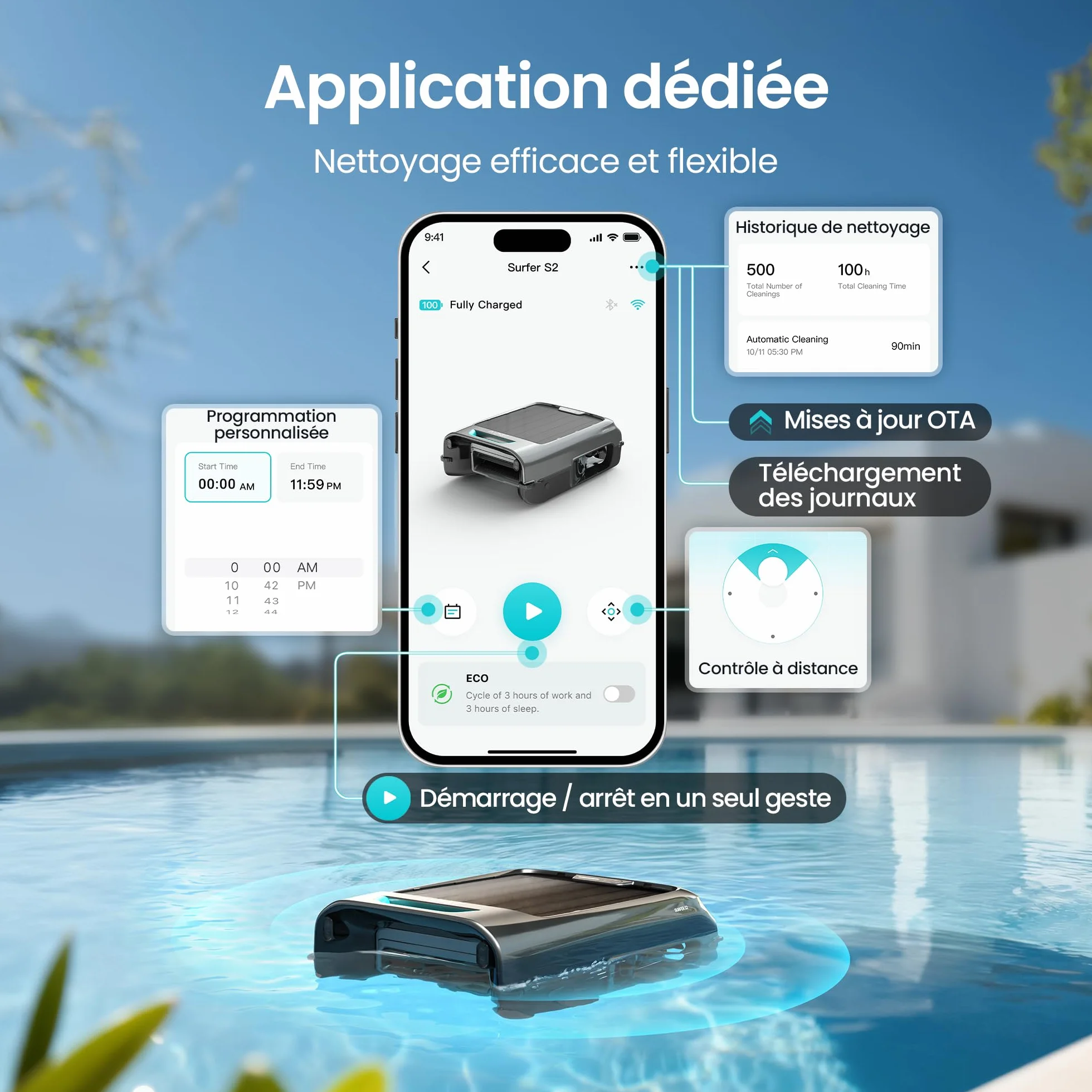 AIPER EcoSurfer S2 Robot Skimmer de Piscine Solaire, sans Fil, Application, Nettoyage Surface 24/7, Filtre 150 µm