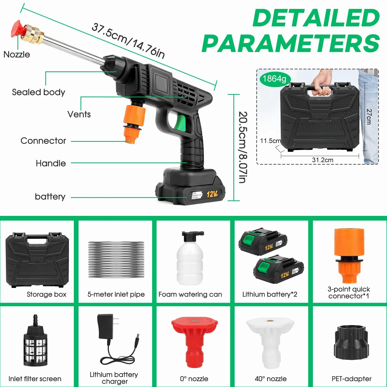 Nettoyeur haute pression sans fil avec 2 batteries, nettoyeur haute pression portable, buse 2 en 1 et canon à mousse, tuyau de 5 m de lavage à jet rechargeable pour voiture, terrasse, jardin