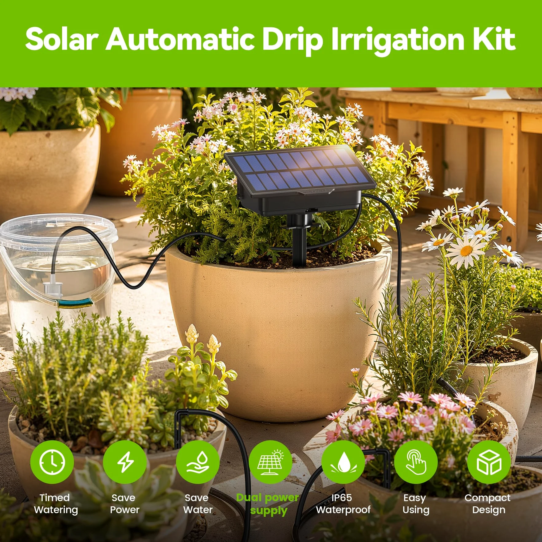 RAINPOINT Kit D'arrosage Goutte à Goutte Solaire, nouveau tuyau pour une distribution d'eau uniforme, kit d'irrigation automatique pour balcons avec 90 modes de minuterie + tuyau de 15 m, anti-siphon