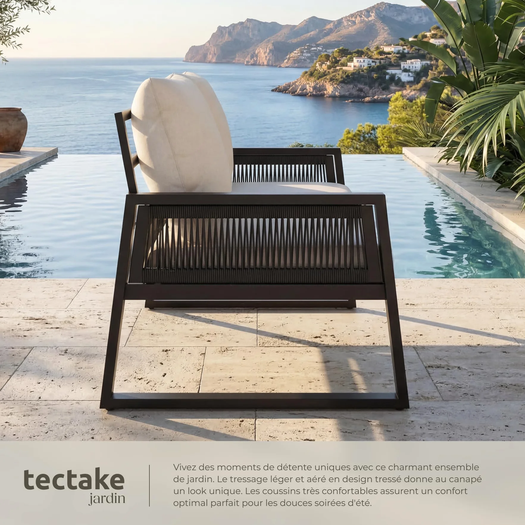 Tectake Salon de Jardin Canapé 2 Places Banquette Table Basse Coussins Inclus Cadre Aluminium laqué époxy Mobilier Exterieur