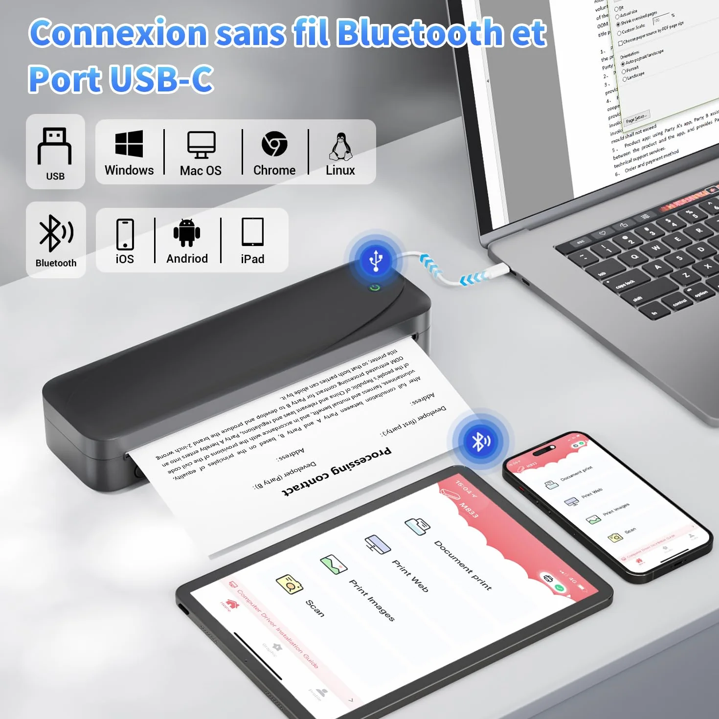 Phomemo M833 Imprimante Thermique A4 300 DPI sans Encre, Batterie 2600mAh, Compatible PC Android iOS Noir