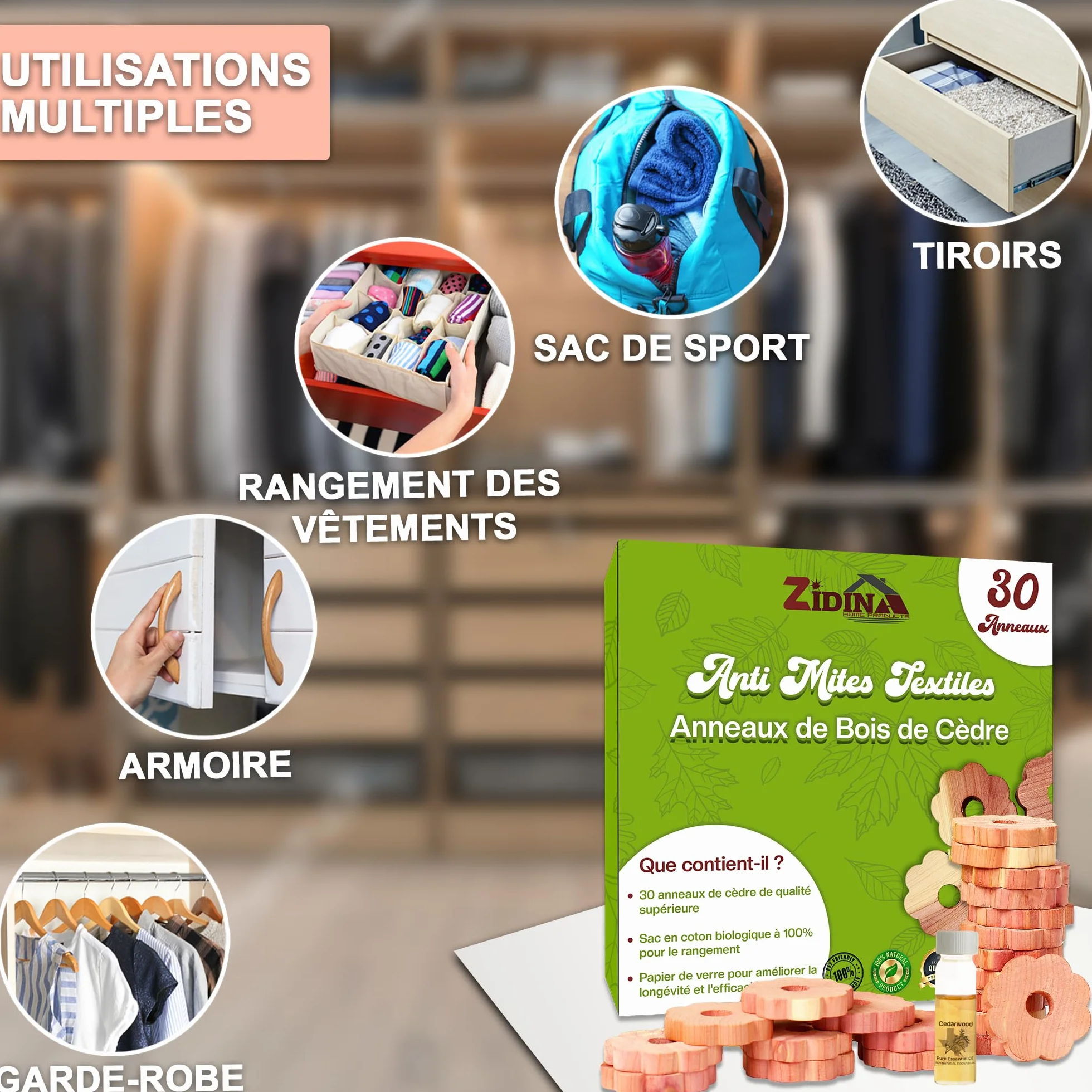 Anti Mites Textiles Pack 30 Anneaux Vêtements Huile de Bois de Cèdre 4,5 ML Naturel Contre Mites Armoires
