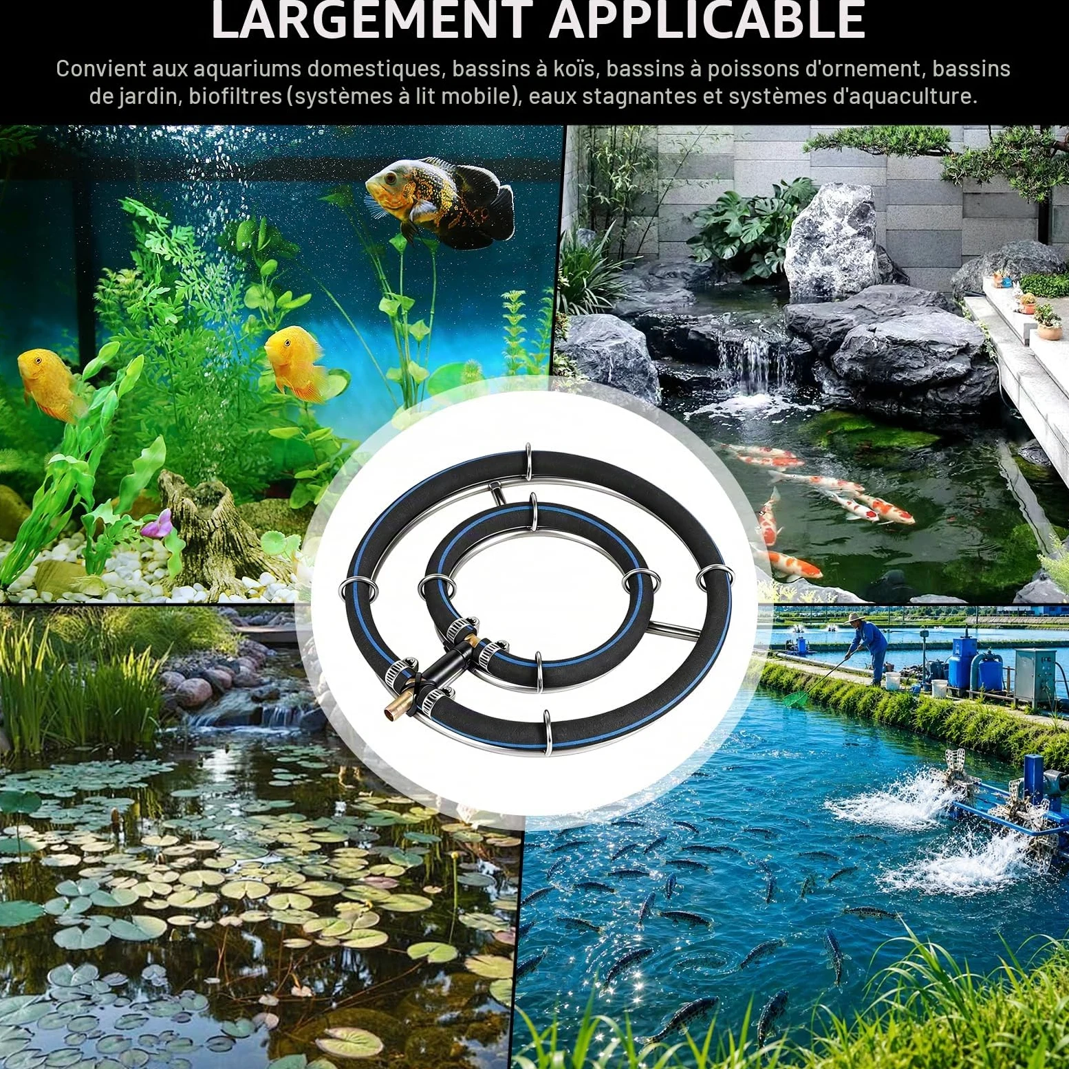 Aérateur De Bassin, Anneau D'aération De 25cm pour Bassins Double Cadre en Acier Inoxydable Diffuseur D'oxygène pour Bassin à Poissons avec Tuyau d'air De 5M Tube De 8mm De Diamètre