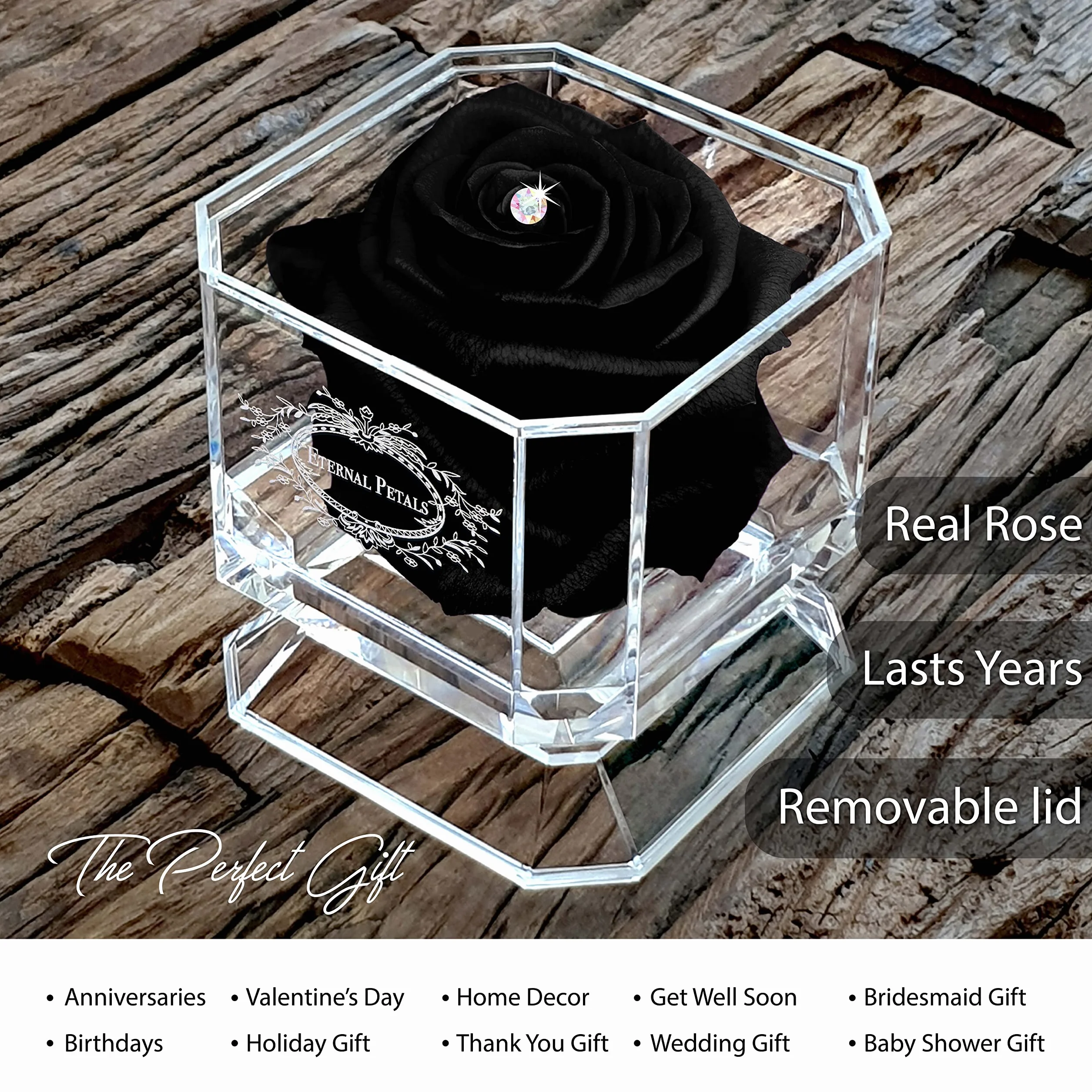Eternal Petals White Gold Solo Rose with Multicolor Swarovski Crystal Black