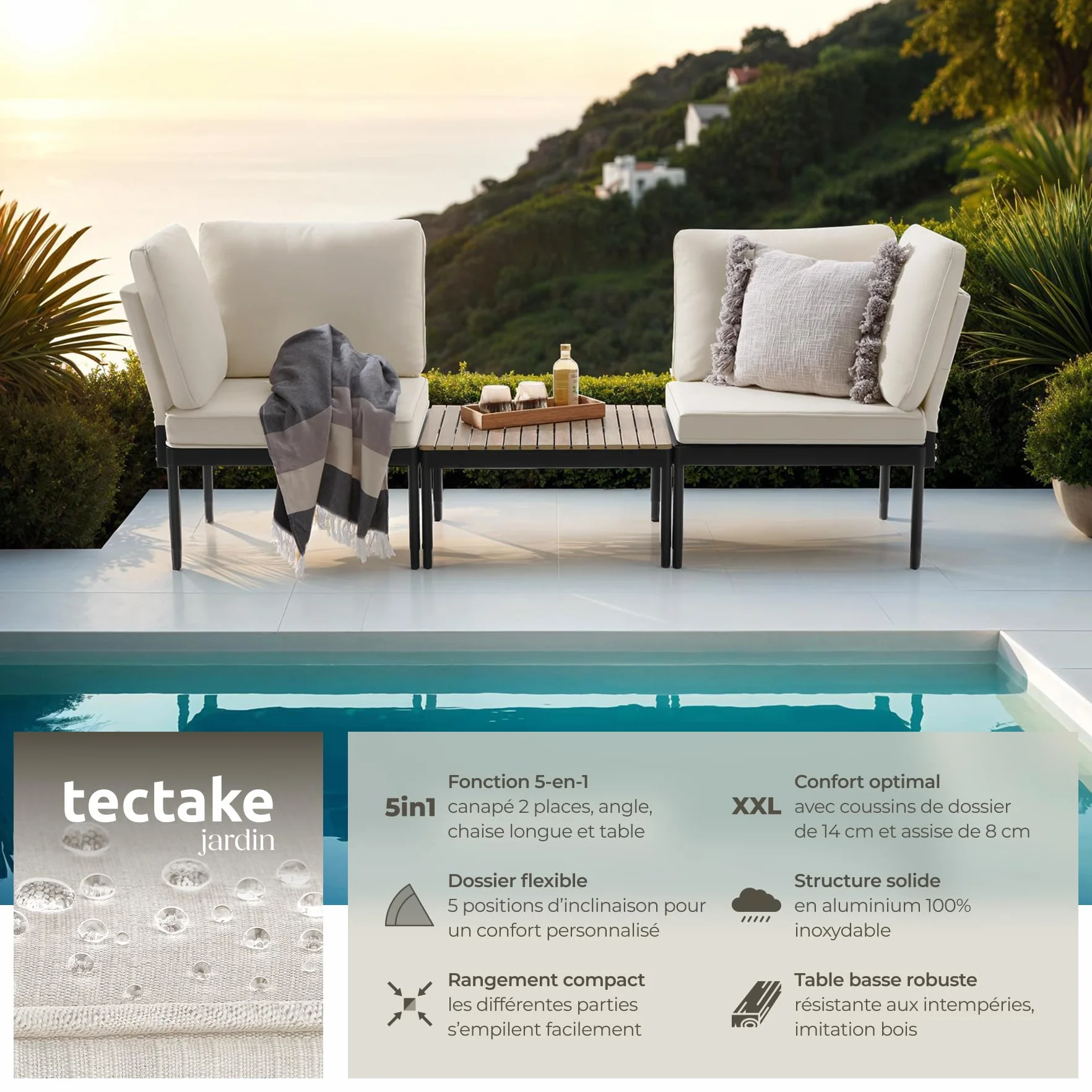 Tectake Salon de Jardin 5en1 Canapé 2 Places Modulable Table de Jardin Coussins épais Cadre Aluminium laqué époxy