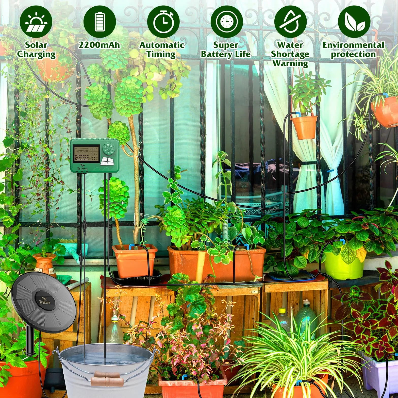 Kit D'irrigation Goutte à Goutte Énergie Solaire 2200mAh Arrosage Automatique avec 15 Goutteurs pour Jardin Balcon