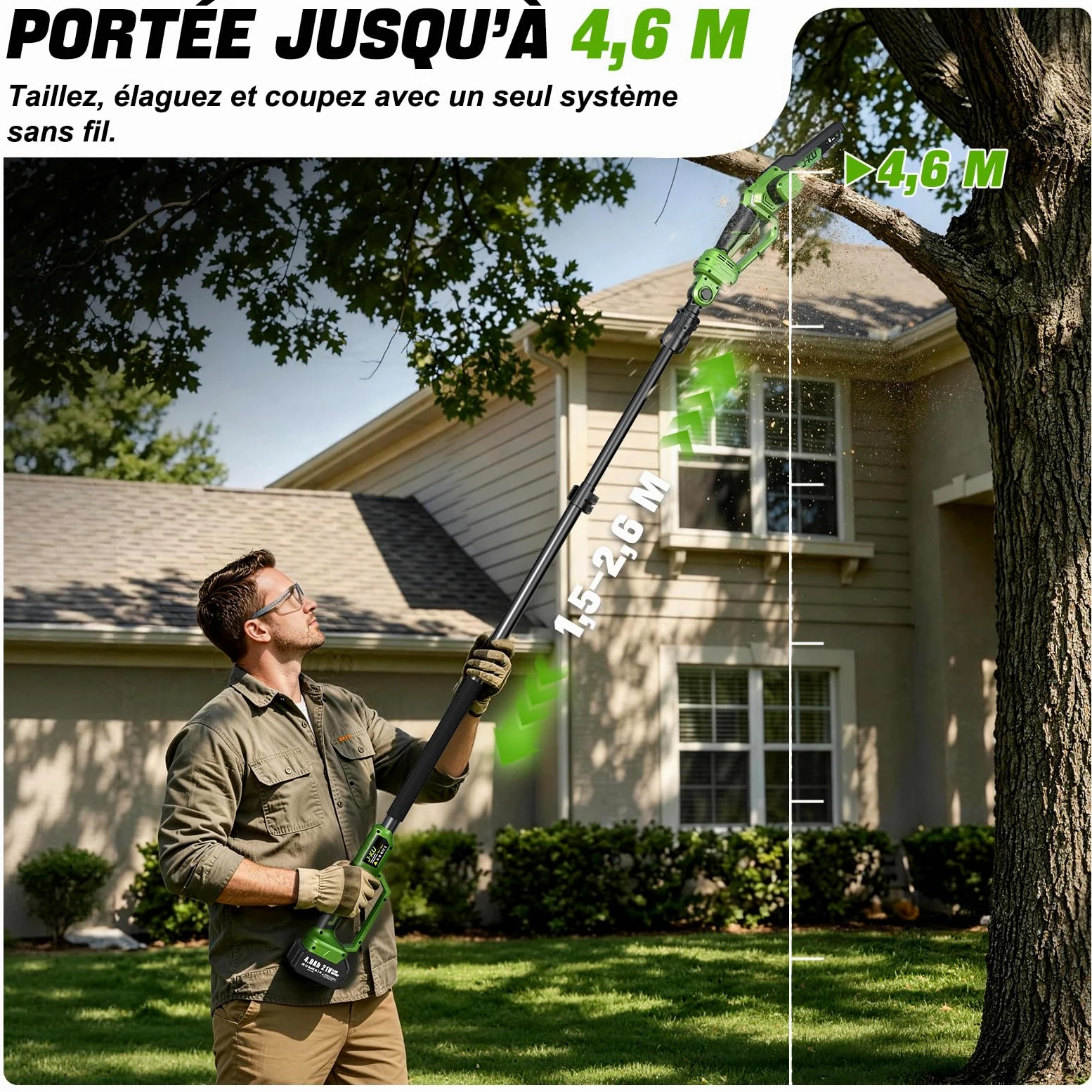 J-KU Élagueuse sur Perche 4 en 1 sans Fil avec Batterie, Mini Tronçonneuse 20 cm (8 Pouces) & Sécateur Électrique 35 mm, Perche Télescopique 2,6 m, 2×4000 mAh, Outils de Jardin