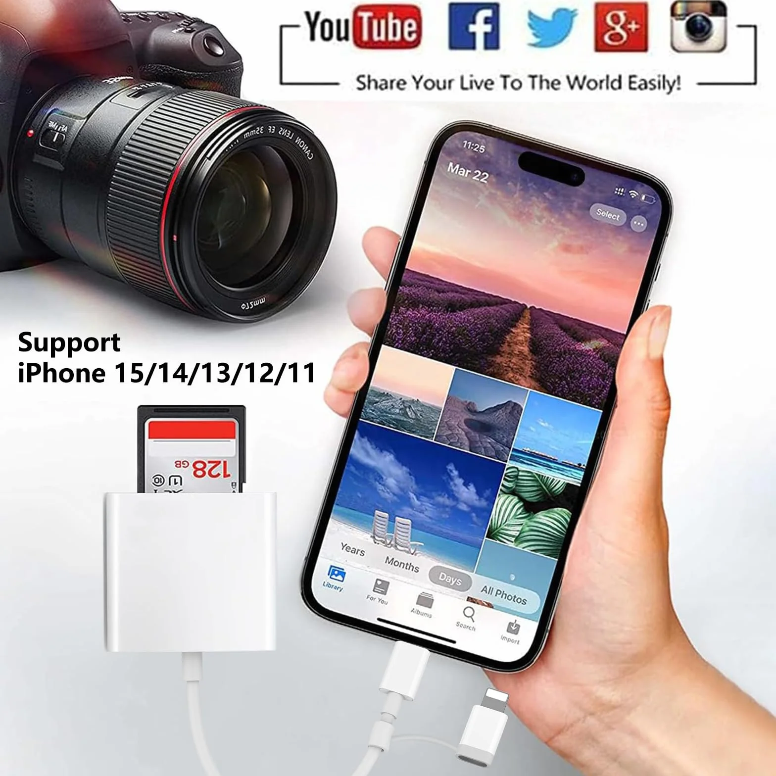 Adaptateur de lecteur de carte SD 2-en-1 iPhone Lightning certifié Apple MFi