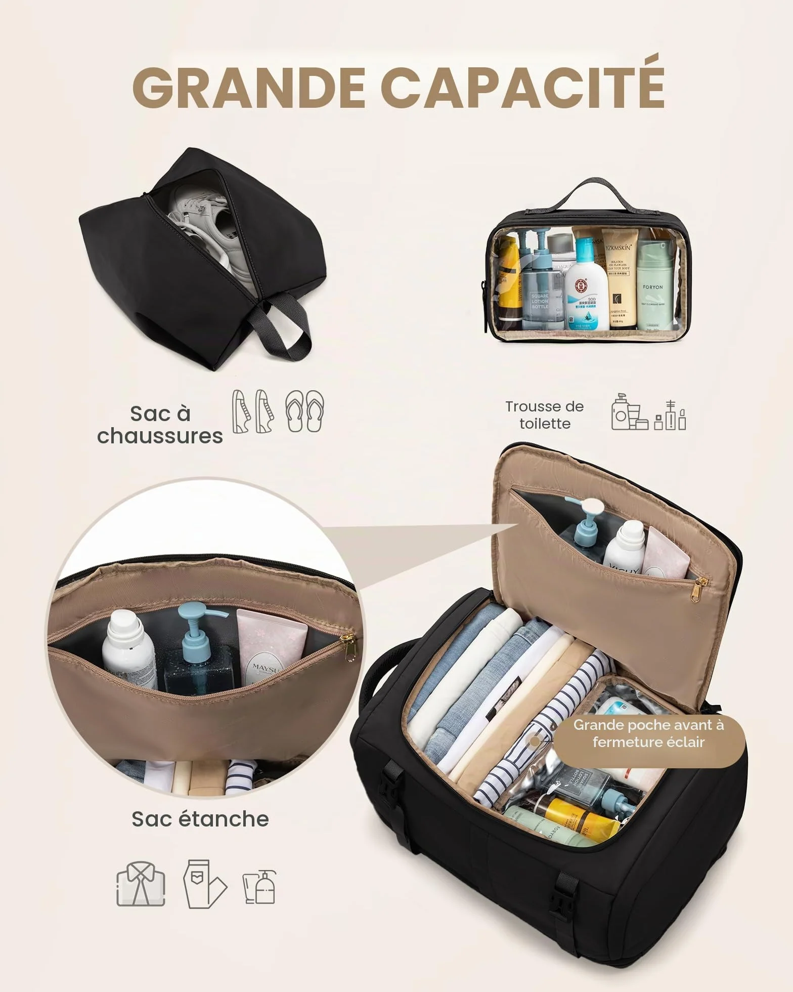 LOVEVOOK Sac À Dos Voyage Cabine Avion 40L Antivol Imperméable Ordinateur