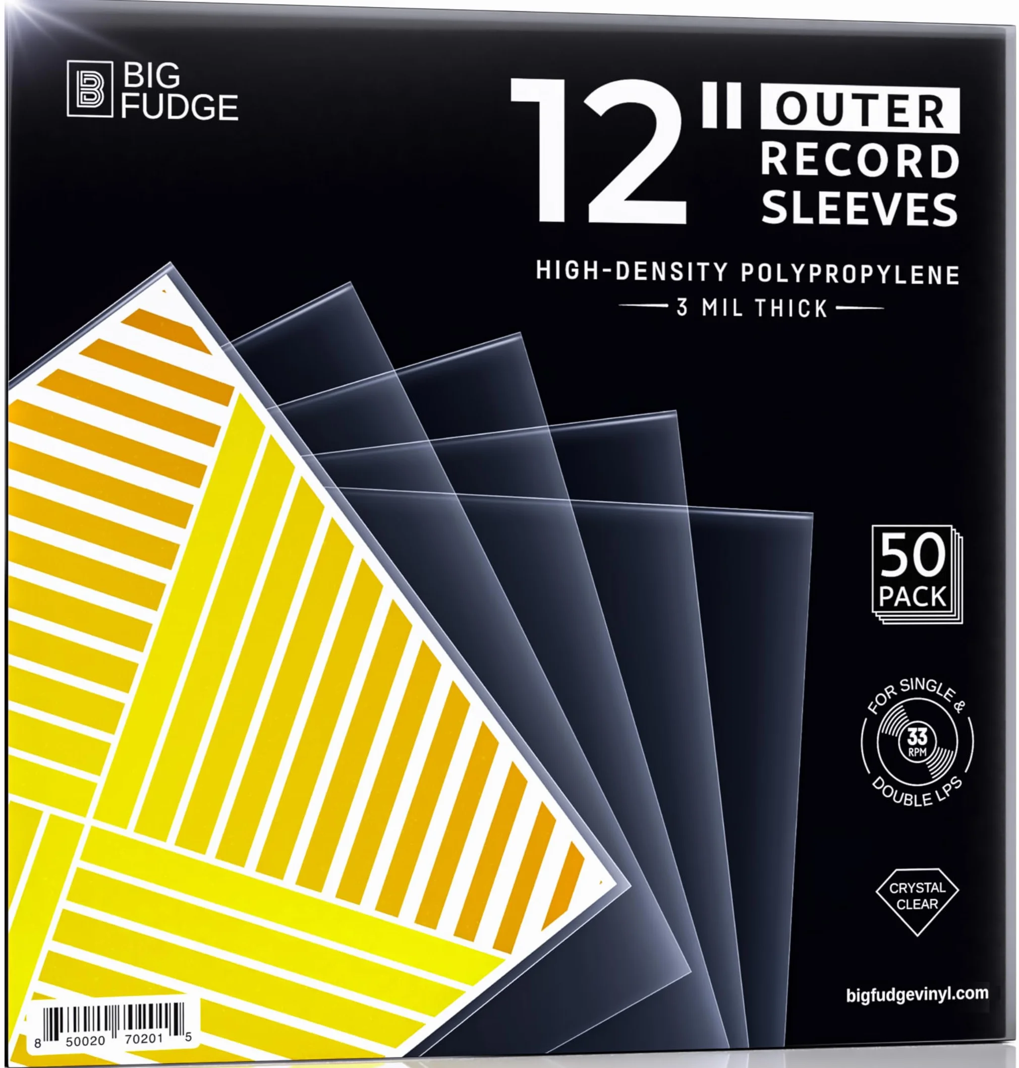 BIG FUDGE Pochettes Extérieures Vinyles 30cm x 50pcs Pochette Transparente Plastique 33 Tours 3 mil 30x30 cm