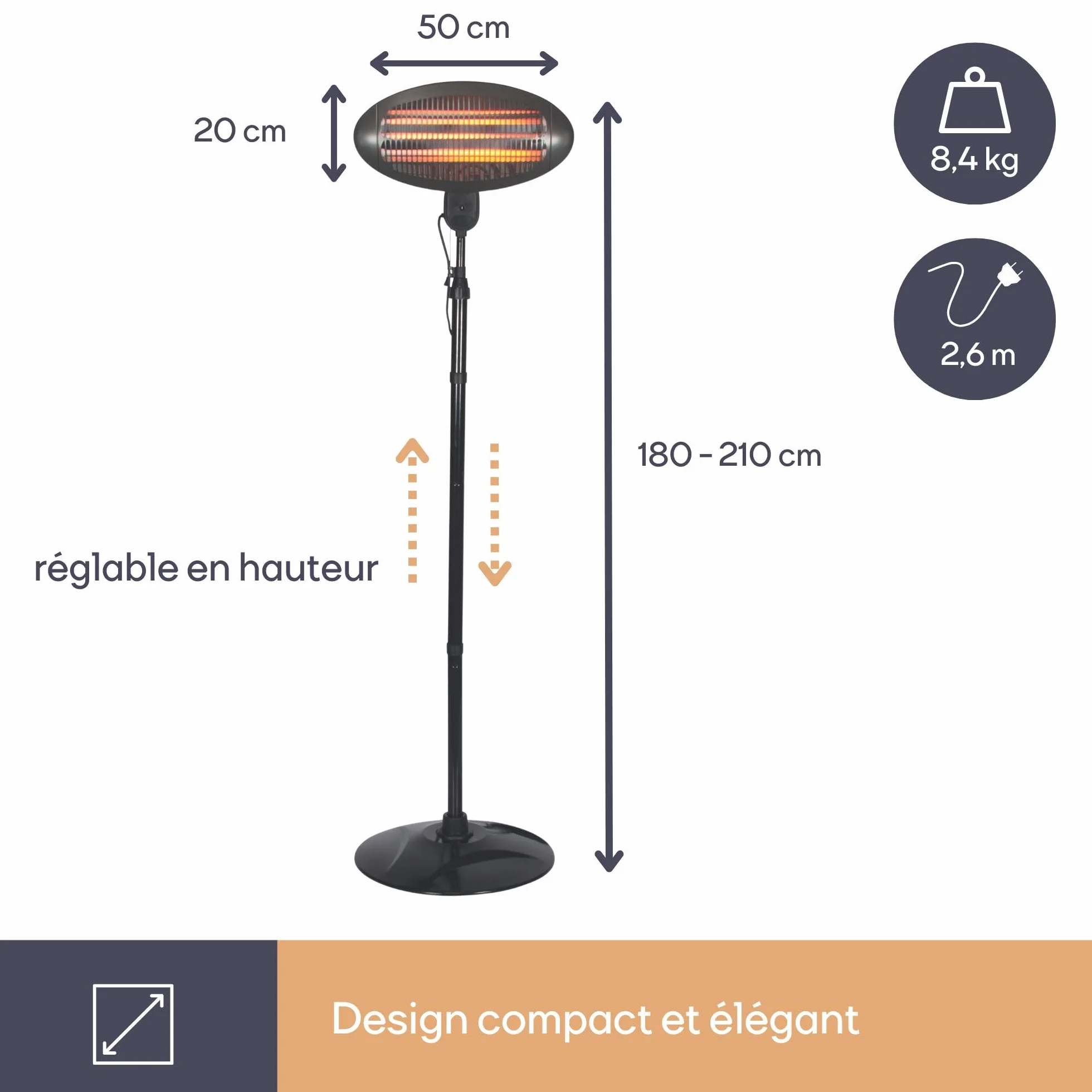 Perel Chauffage de terrasse sur pied 2000 W Quartz Protection anti-basculement 3 niveaux Résistant aux projections d'eau Métal Noir