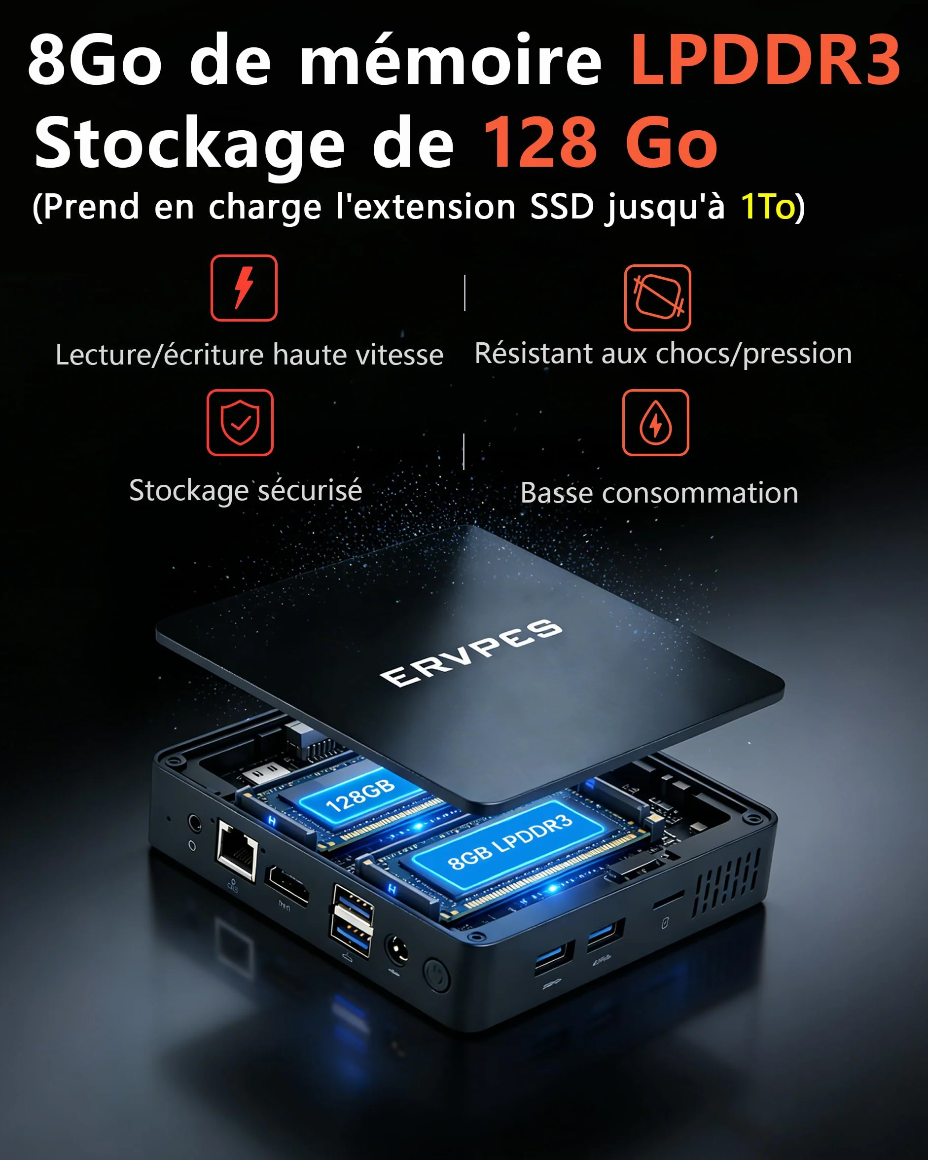 Mini PC Pentium 6500Y 8GB LPDDR3 128GB SSD Windows 11 Pro 4K Double Écran WiFi5 BT5.0 Gigabit Ethernet USB3.2 VESA Silencieux